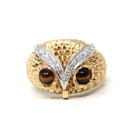 Vintage Owl Ring - Retro 14k Yellow Gold Tiger's Eye Gemstone Eyes - Circa 1960s Era Size 10 Diamonds Statement Cocktail Fine Bird Jewelry