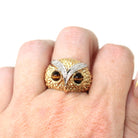Vintage Owl Ring - Retro 14k Yellow Gold Tiger's Eye Gemstone Eyes - Circa 1960s Era Size 10 Diamonds Statement Cocktail Fine Bird Jewelry
