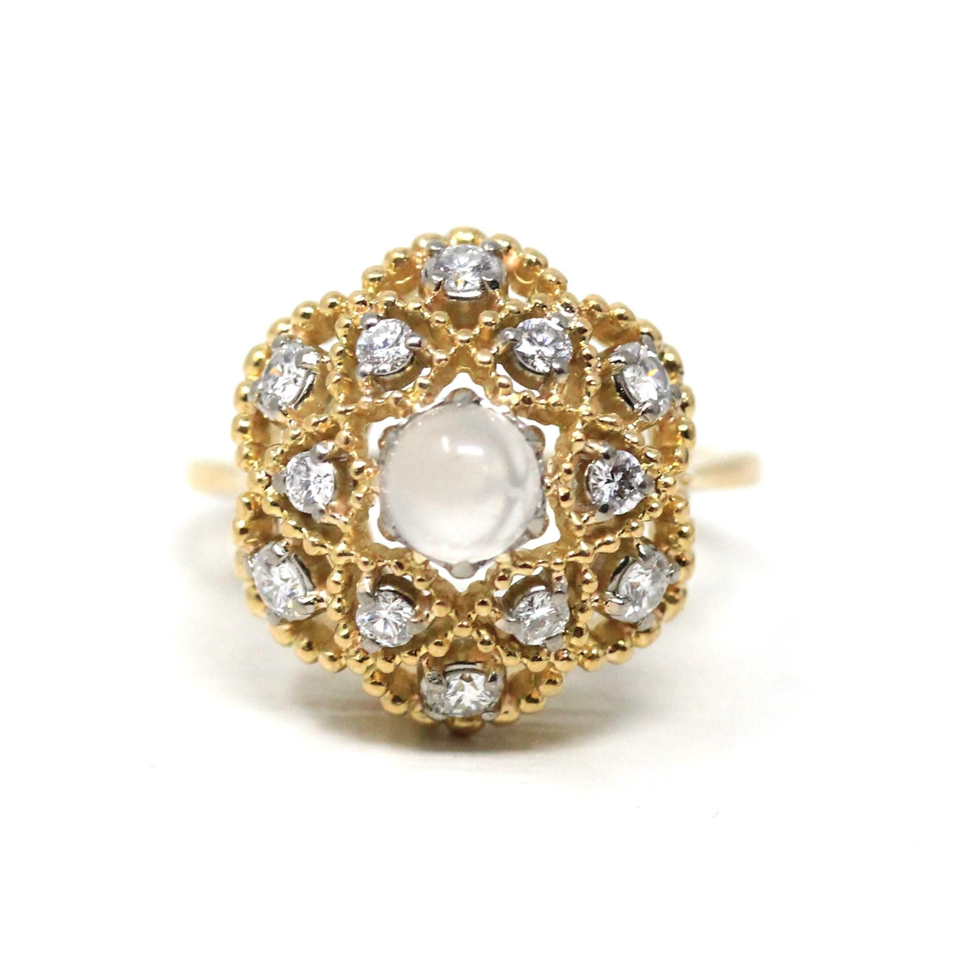 Moonstone & Diamond Dome Ring - Retro 18k Yellow Gold Natural Gemstones Flower Statement - Circa 1960s Era Size 5 3/4 Jabel Cocktail Jewelry