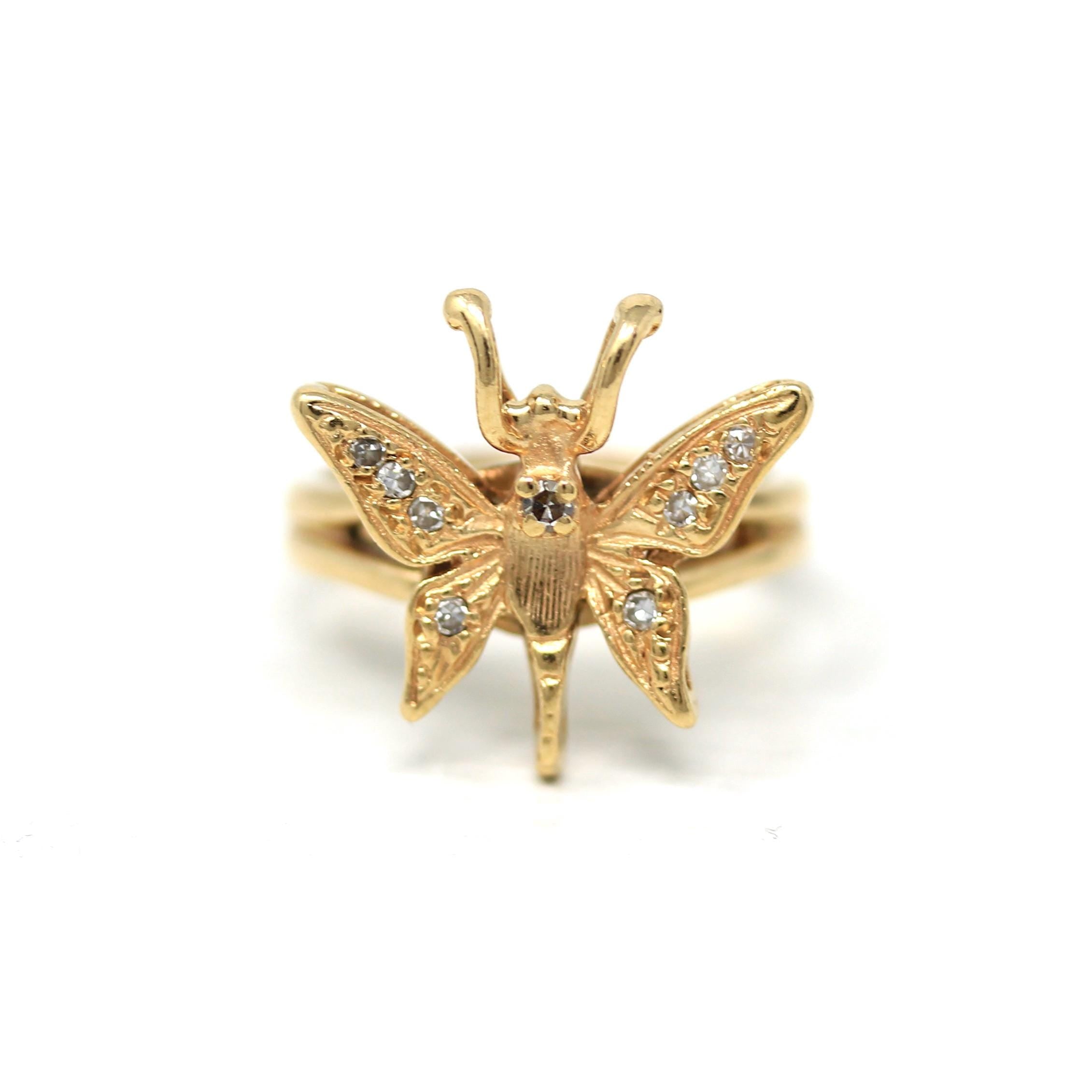 Estate Butterfly Ring - Modern 14k Yellow Gold Natural Diamond Gemstones - Circa 1990s Size 3 1/4 Statement Figural Winged Bug Fine Jewelry