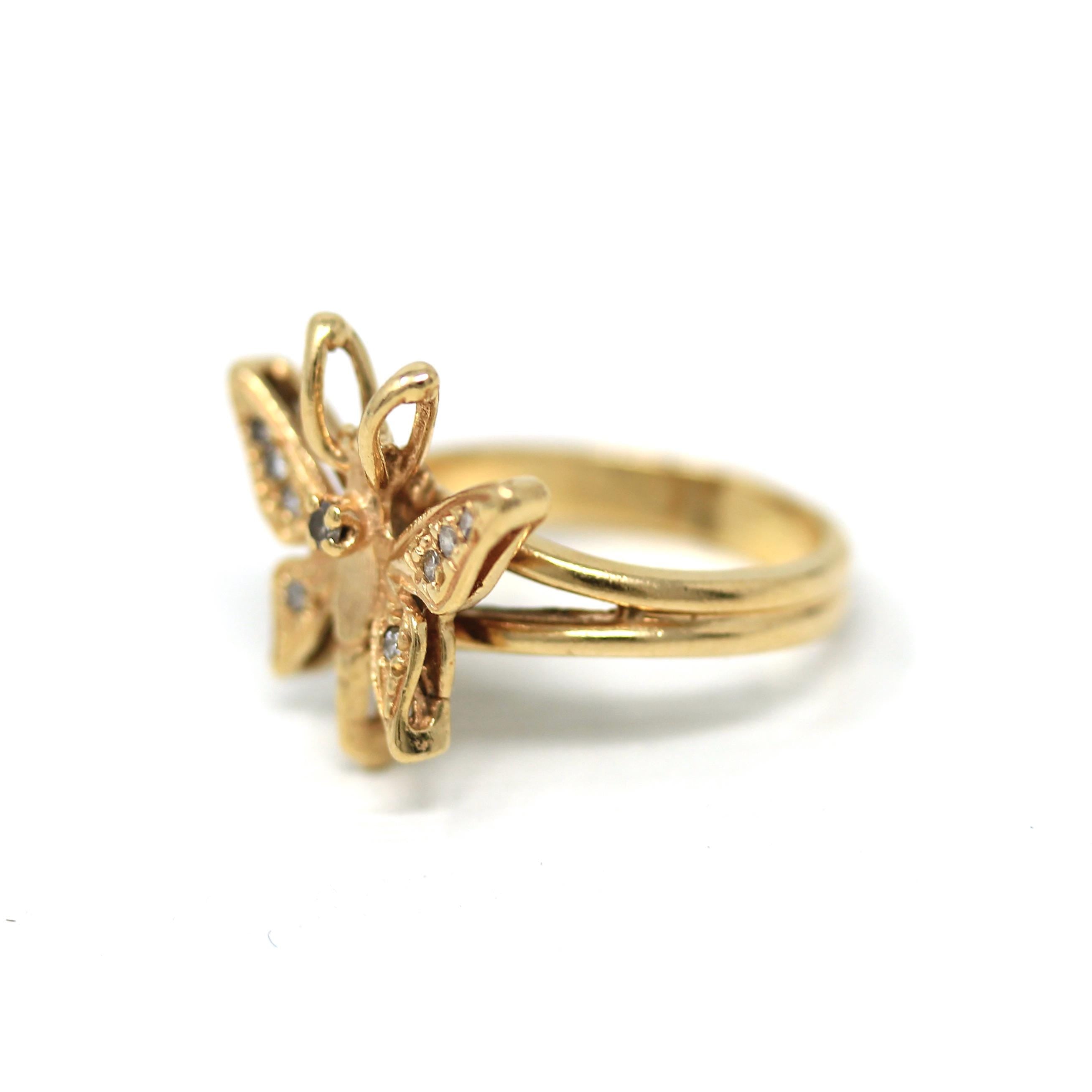 Estate Butterfly Ring - Modern 14k Yellow Gold Natural Diamond Gemstones - Circa 1990s Size 3 1/4 Statement Figural Winged Bug Fine Jewelry