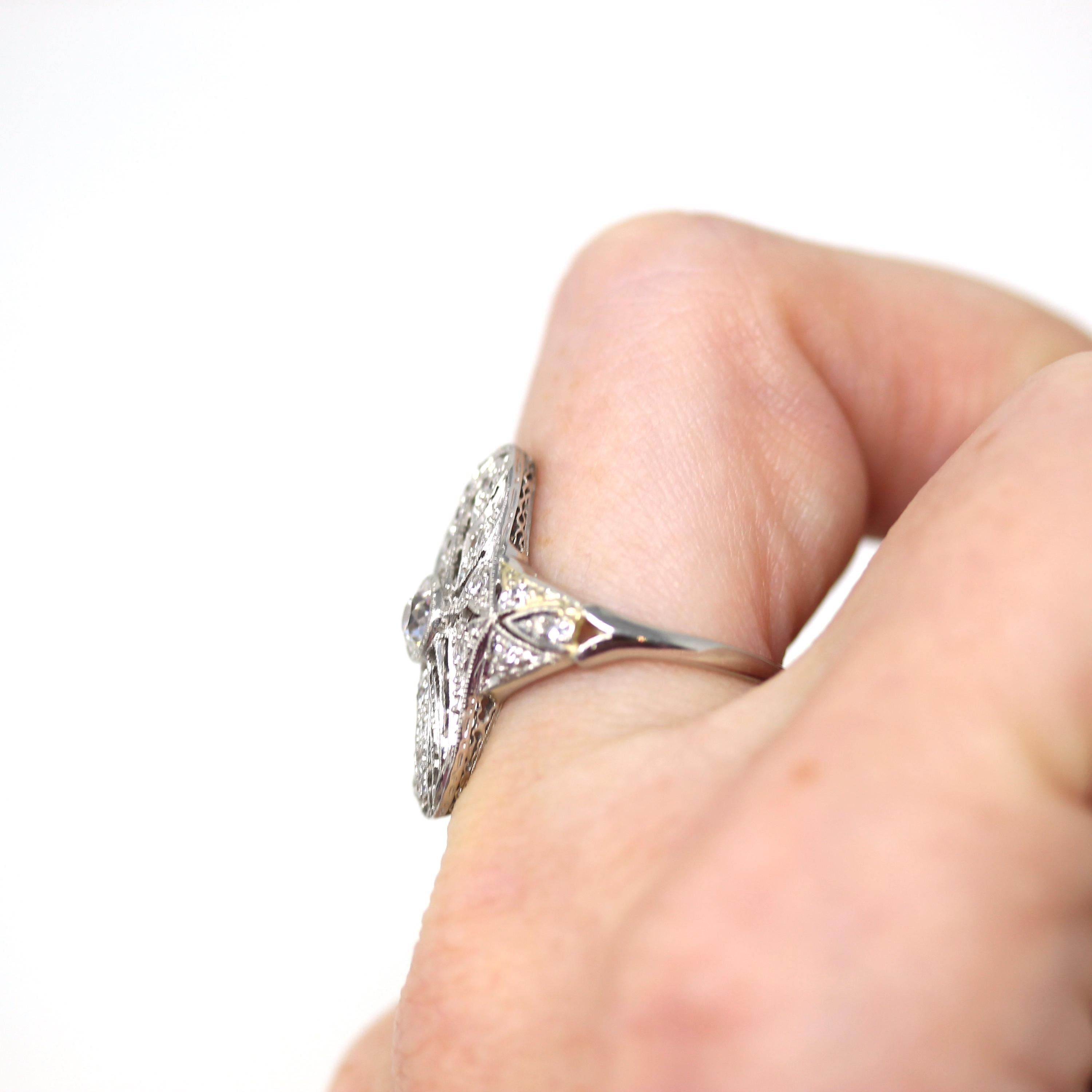 Art Deco Shield Ring - Vintage Platinum Natural Genuine Diamond Statement Filigree - Antique 1920s Era Size 6 1/4 Handmade Fine 20s Jewelry
