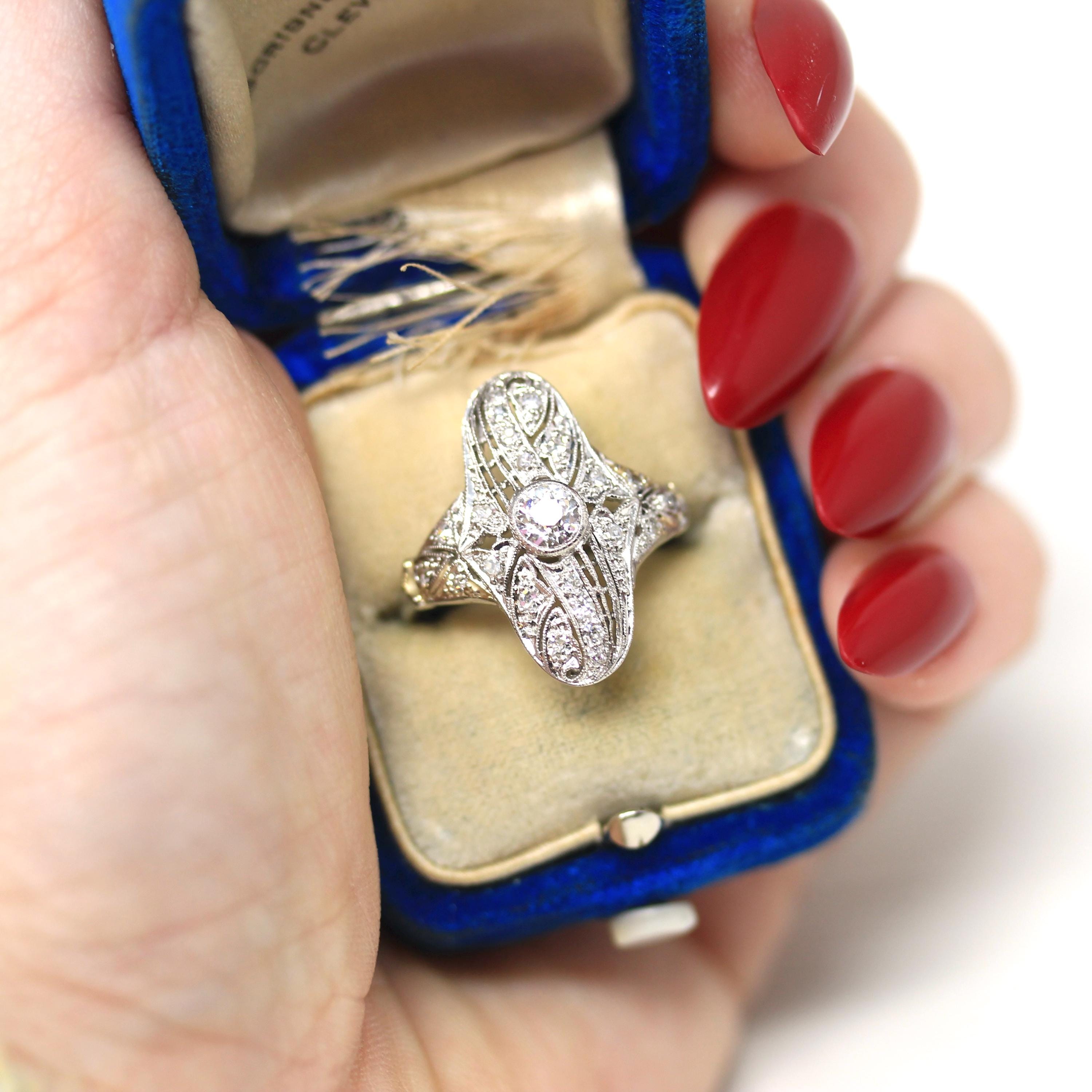 Art Deco Shield Ring - Vintage Platinum Natural Genuine Diamond Statement Filigree - Antique 1920s Era Size 6 1/4 Handmade Fine 20s Jewelry