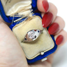 Art Deco Filigree Ring - Antique 18k White Gold Natural Diamond Created Sapphire Engagement Band - Circa 1920s Size 6 Floral Fine Jewelry