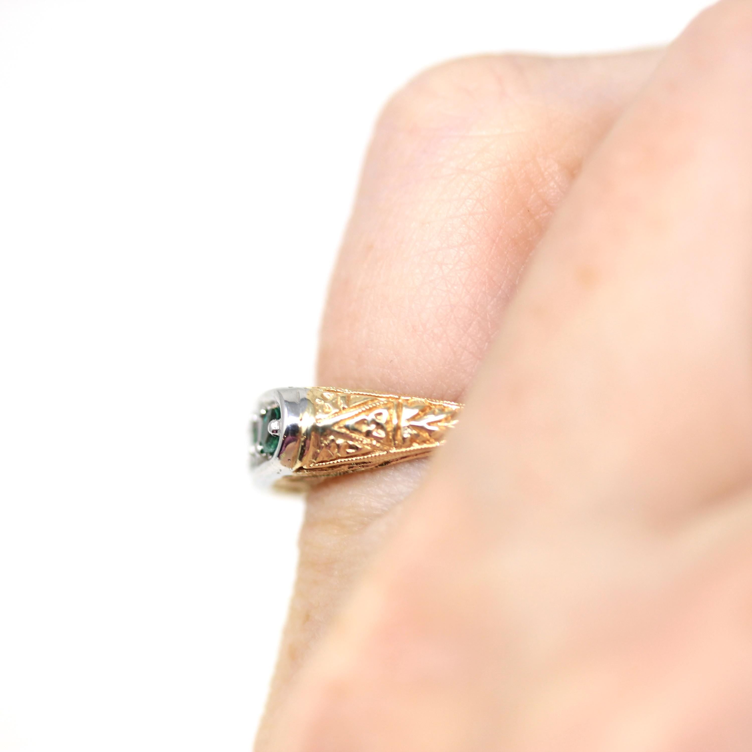 Emerald Two Tone Band - Modern 14k Yellow White Gold Natural Genuine Round Green Gemstones - Estate Circa 2000s Size 5 Stacking Fine Jewelry