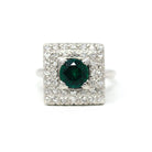 Square Halo Ring - Estate 14k White Gold Created Emerald Natural Diamond Statement - Modern Circa 2000s Era Size 7 1/2 Green Fine Jewelry