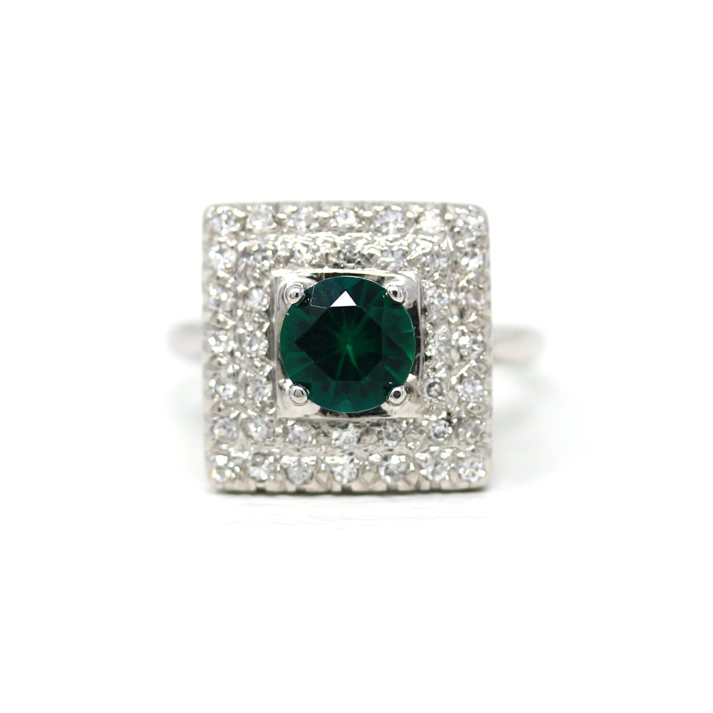 Square Halo Ring - Estate 14k White Gold Created Emerald Natural Diamond Statement - Modern Circa 2000s Era Size 7 1/2 Green Fine Jewelry