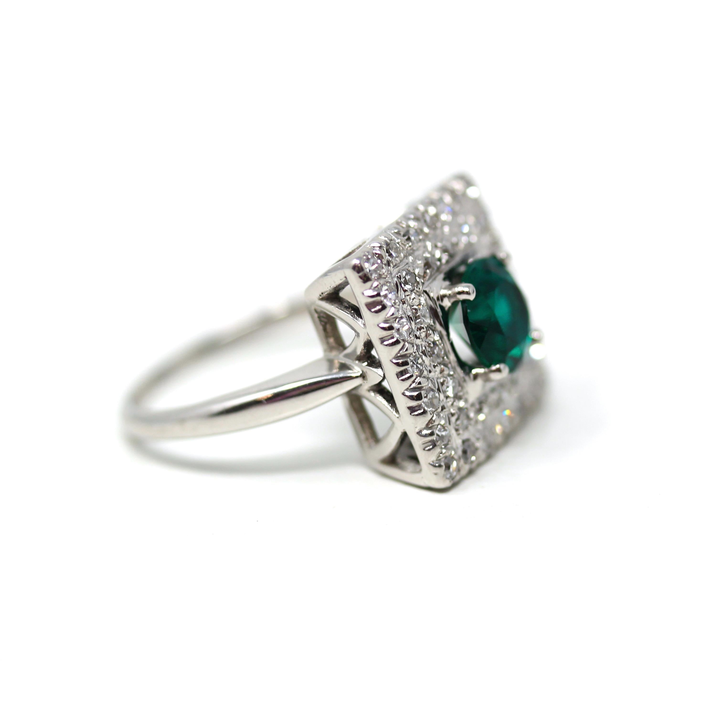 Square Halo Ring - Estate 14k White Gold Created Emerald Natural Diamond Statement - Modern Circa 2000s Era Size 7 1/2 Green Fine Jewelry