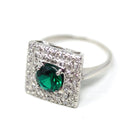 Square Halo Ring - Estate 14k White Gold Created Emerald Natural Diamond Statement - Modern Circa 2000s Era Size 7 1/2 Green Fine Jewelry