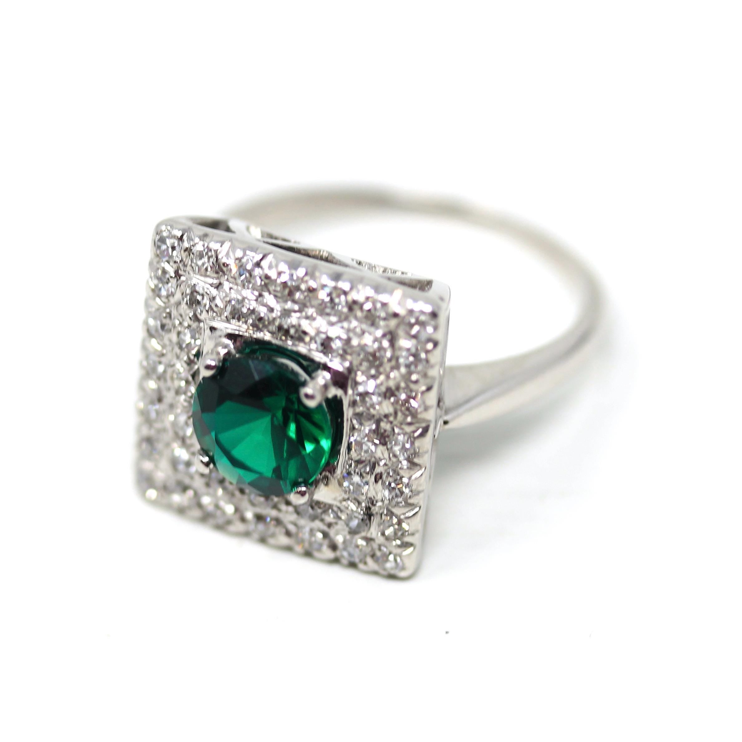 Square Halo Ring - Estate 14k White Gold Created Emerald Natural Diamond Statement - Modern Circa 2000s Era Size 7 1/2 Green Fine Jewelry