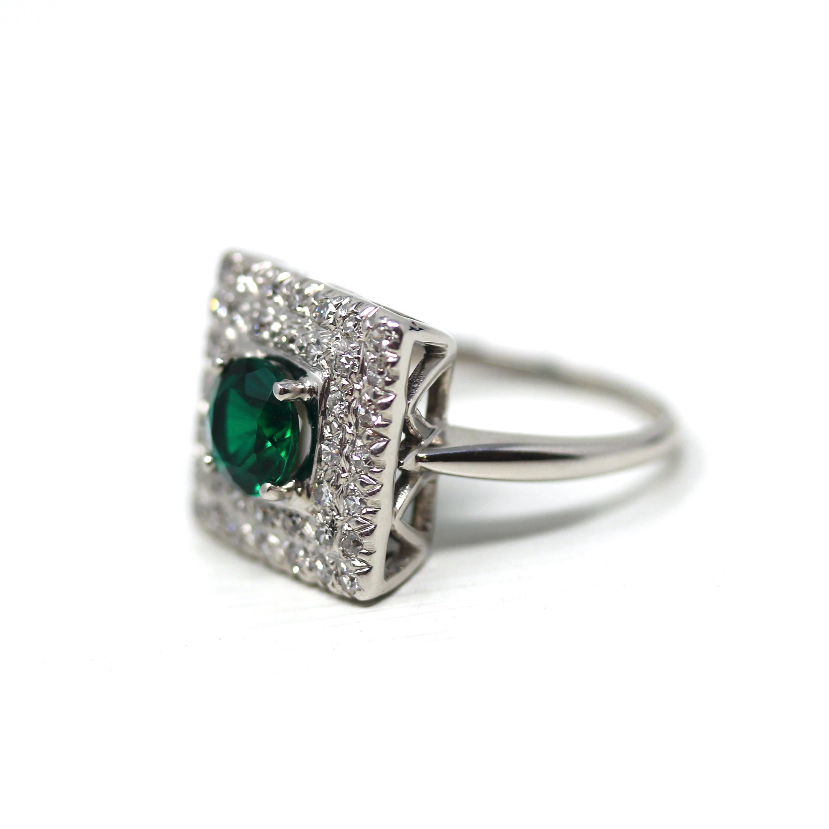 Square Halo Ring - Estate 14k White Gold Created Emerald Natural Diamond Statement - Modern Circa 2000s Era Size 7 1/2 Green Fine Jewelry