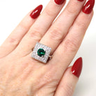Square Halo Ring - Estate 14k White Gold Created Emerald Natural Diamond Statement - Modern Circa 2000s Era Size 7 1/2 Green Fine Jewelry