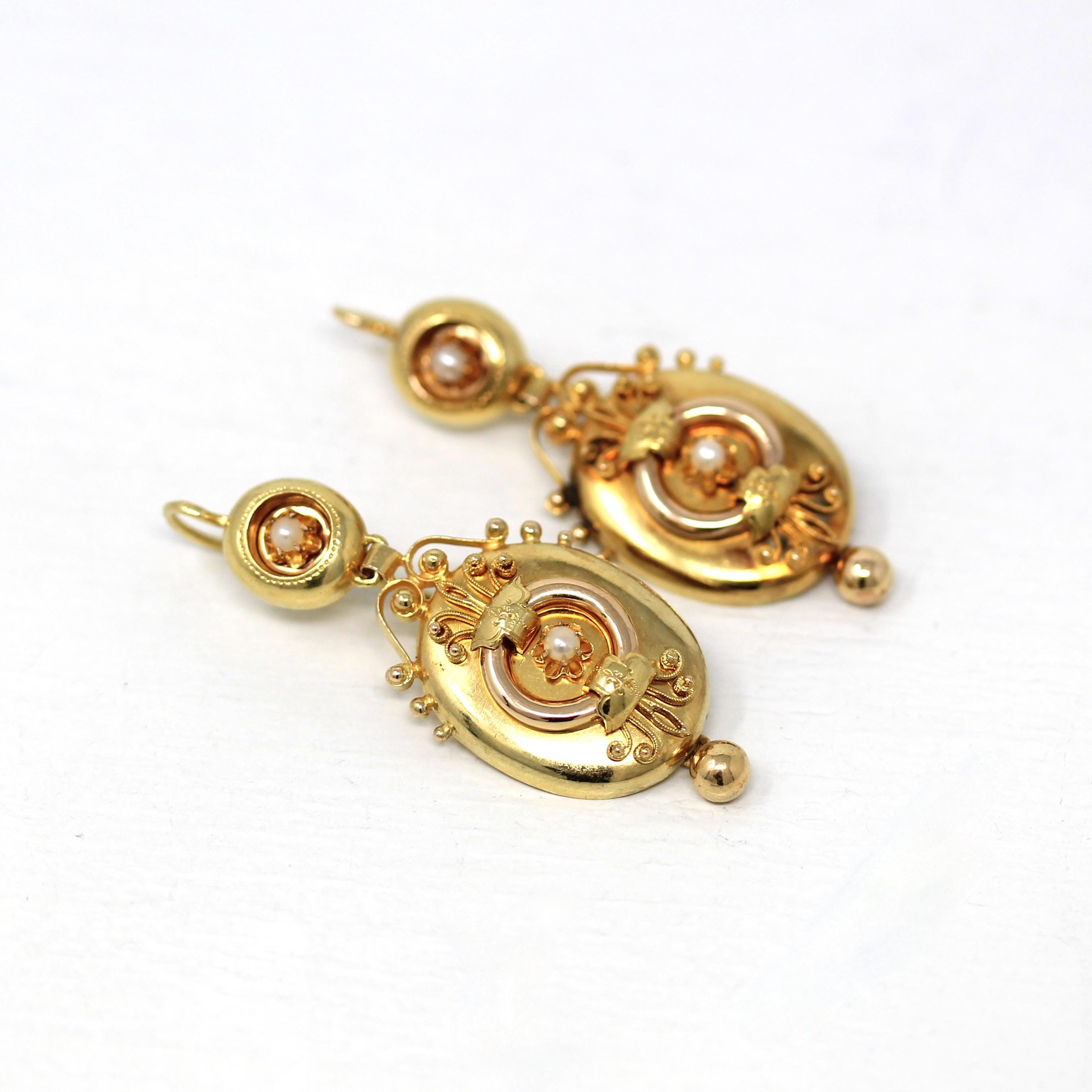 Victorian Etruscan Earrings - Antique 14k Yellow Gold Dangle Cultured Pearls - Vintage 1870s Ornate Revival Fine Bridal Wedding Jewelry