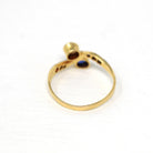 Toi Et Moi Ring - Antique 18k Yellow Gold & Platinum Created Sapphire Cultured Pearl Diamond Bypass - Circa 1910s Size 7 3/4 Fine Jewelry