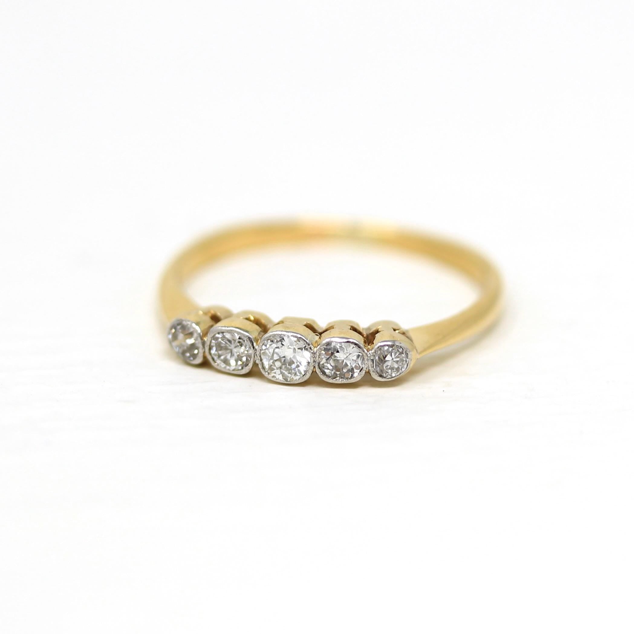 Edwardian Diamond Band - Antique 18k Yellow Gold Platinum .21 CTW Natural Gemstone Wedding Ring - Circa 1910s English Fine Stacking Jewelry