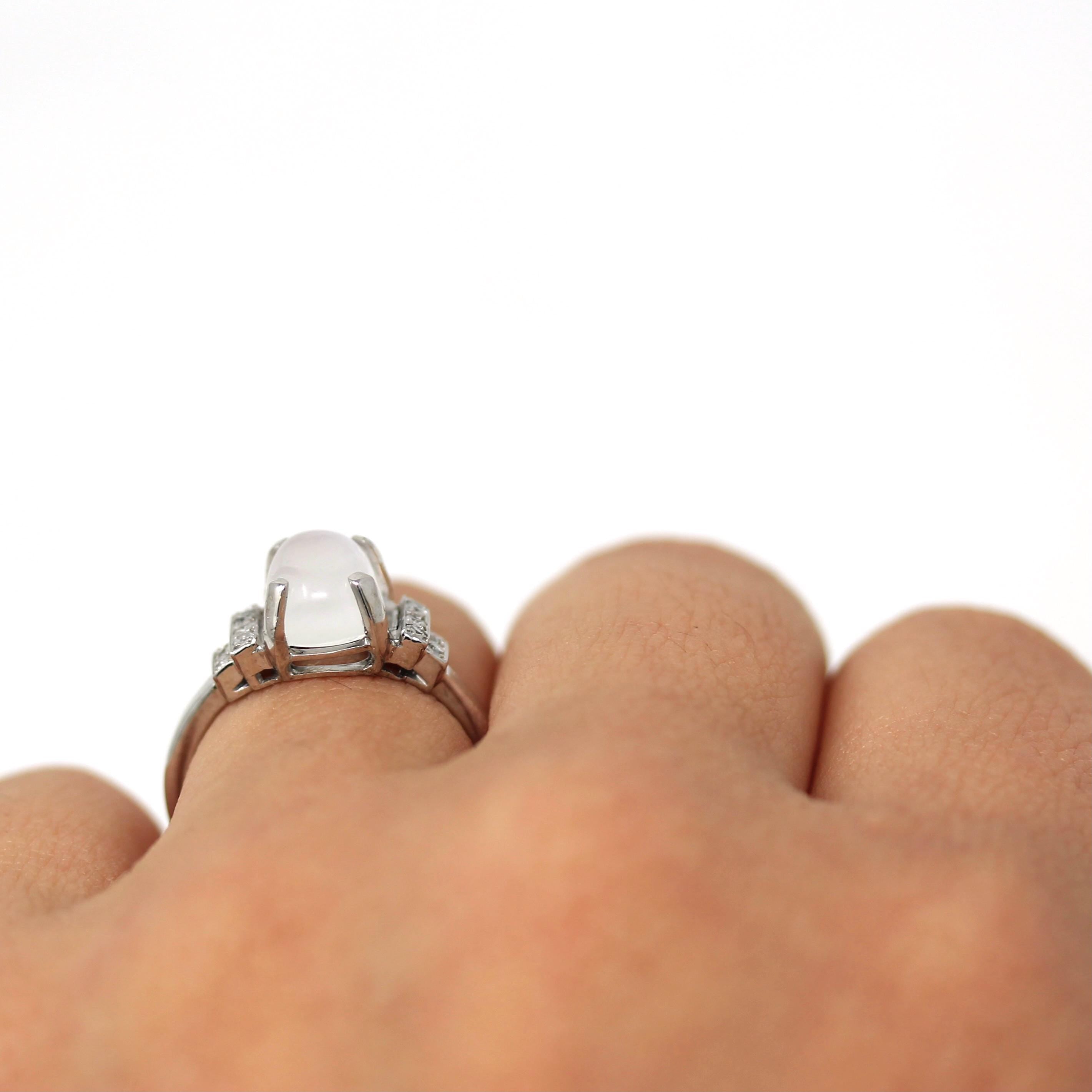 Vintage Moonstone Ring - Mid Century 18k White Gold Natural Cabochon Cut Gem - Circa 1950s Size 6 Genuine Diamonds June Fine 50s Jewelry