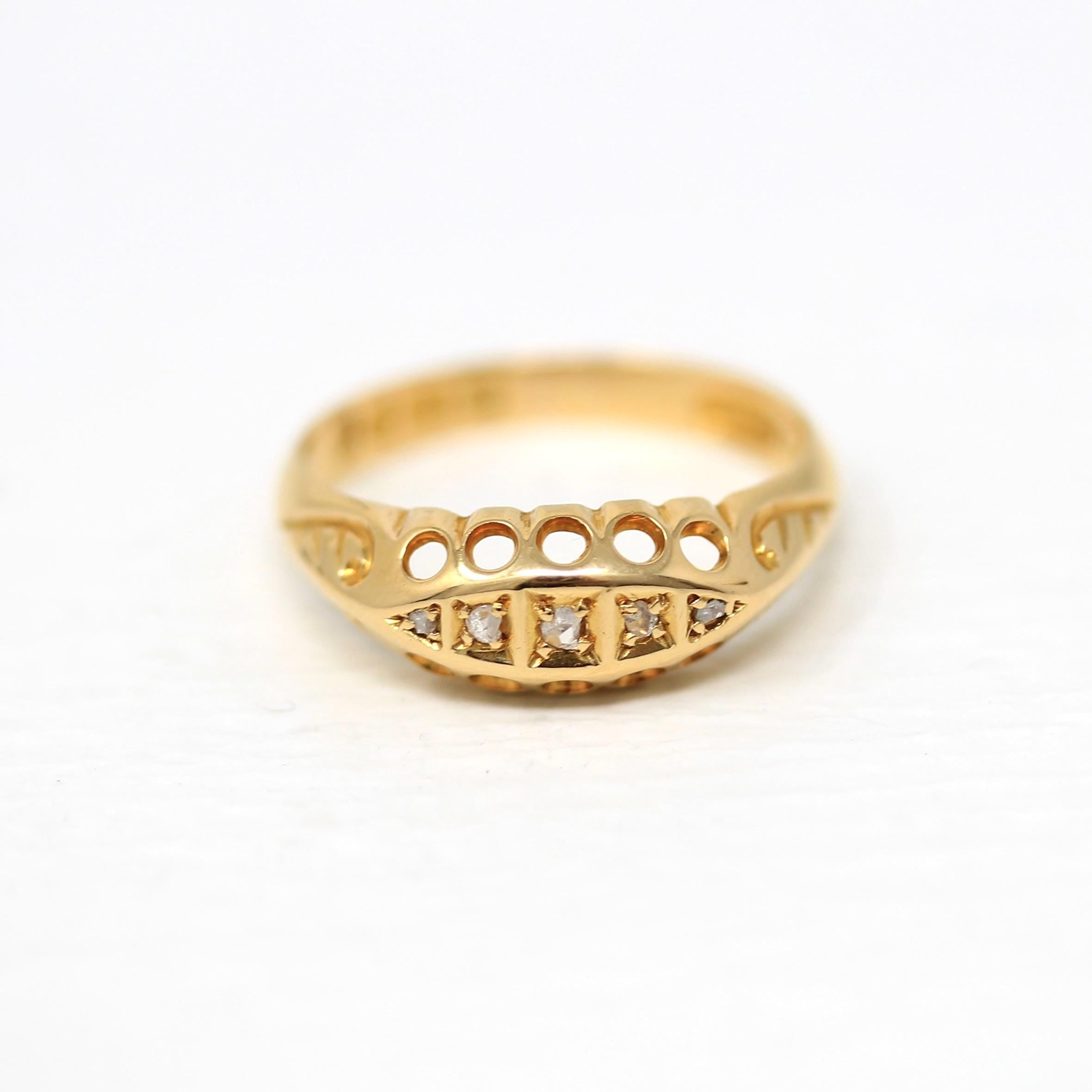 Antique Diamond Band - Edwardian 18k Yellow Gold Natural .05 CTW Five Stone Ring - Hallmark Date 1906 Chester England Fine Bridal Jewelry