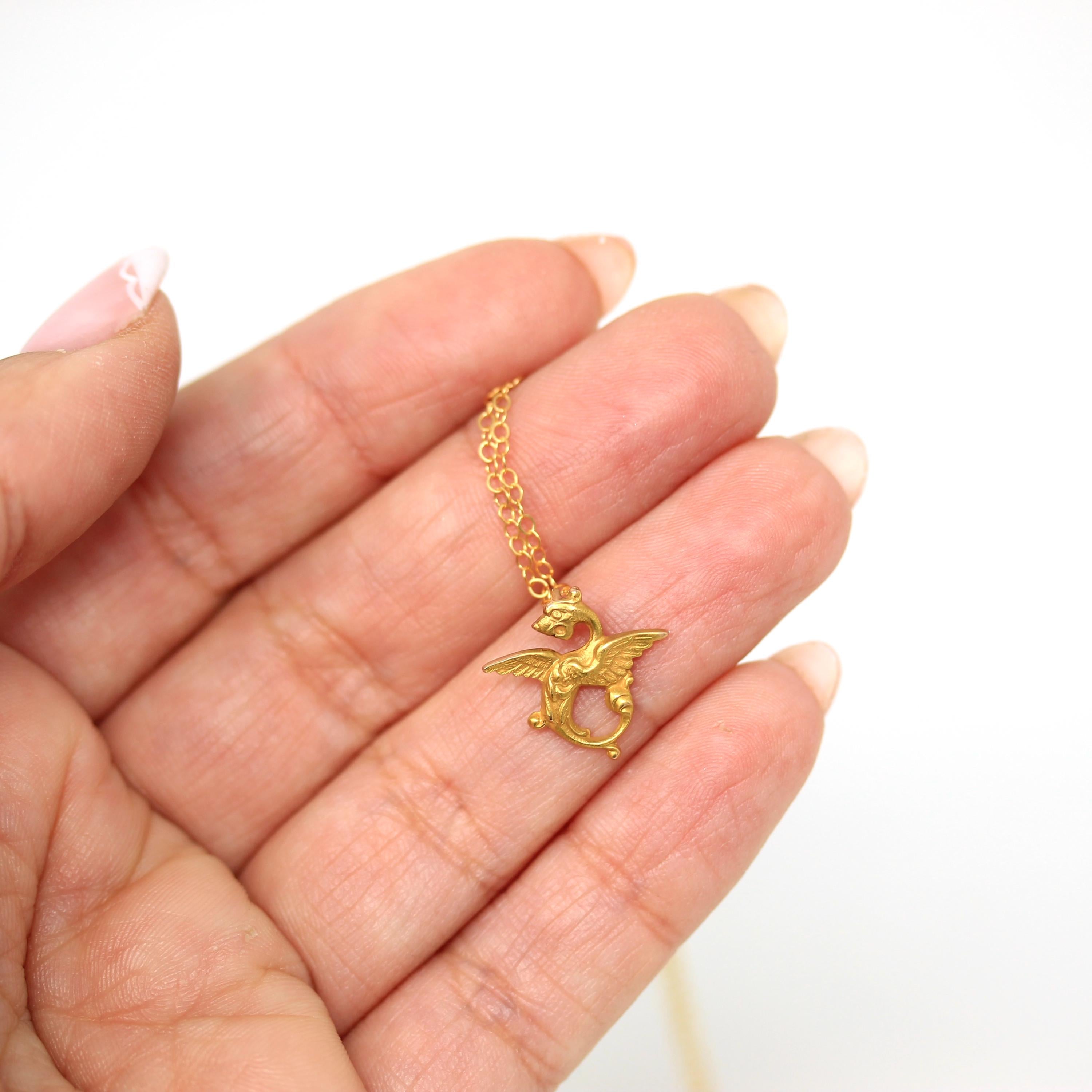 Antique Griffin Charm - Edwardian 14k Yellow Gold Stick Pin Conversion Pendant - Vintage Circa 1910s Era Mythological Beast Fine Jewelry