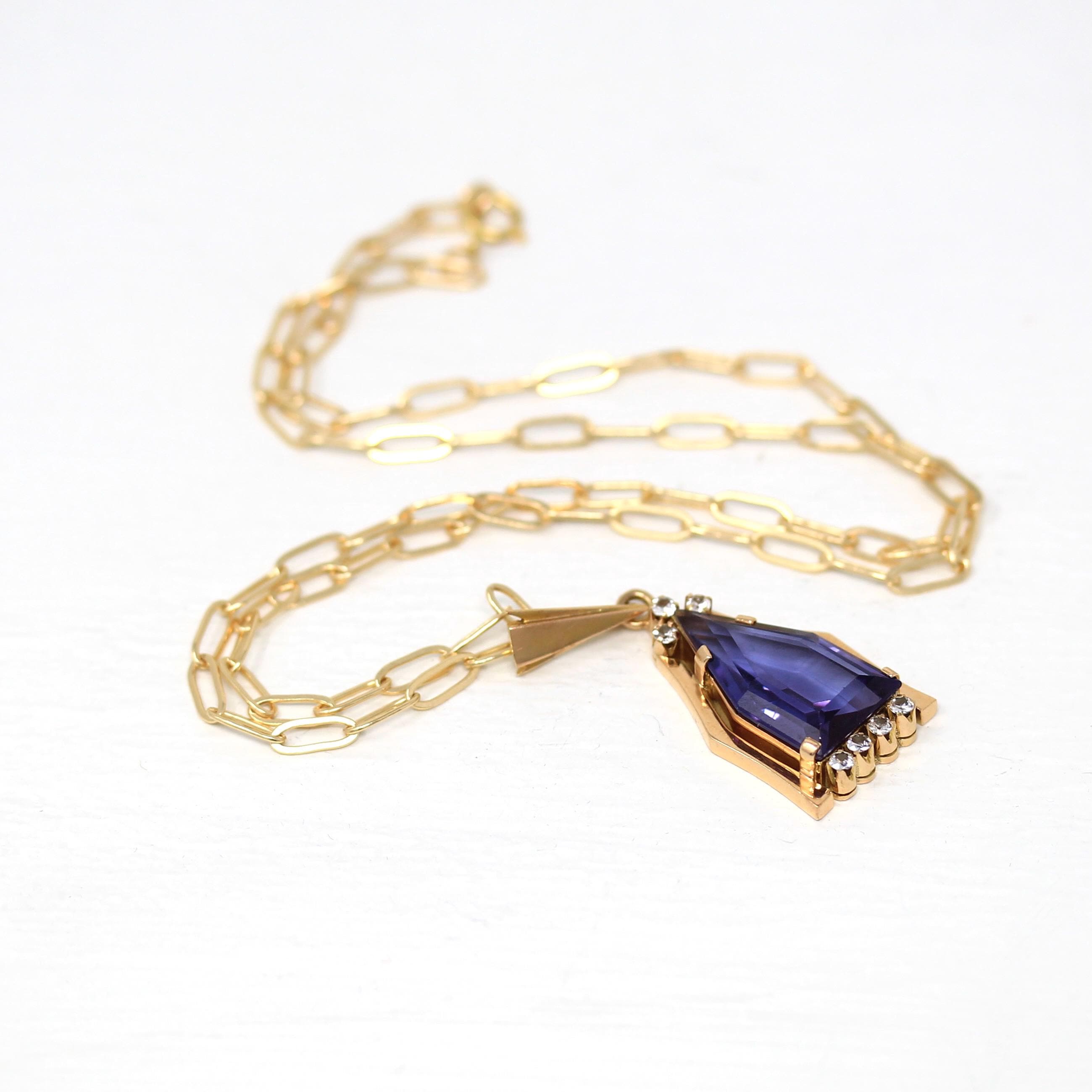Created Color Change Sapphire Necklace - Retro 14k Yellow Gold Fancy Step Cut Purple Gem Pendant - Vintage Circa 1940s Fine Fashion Jewelry