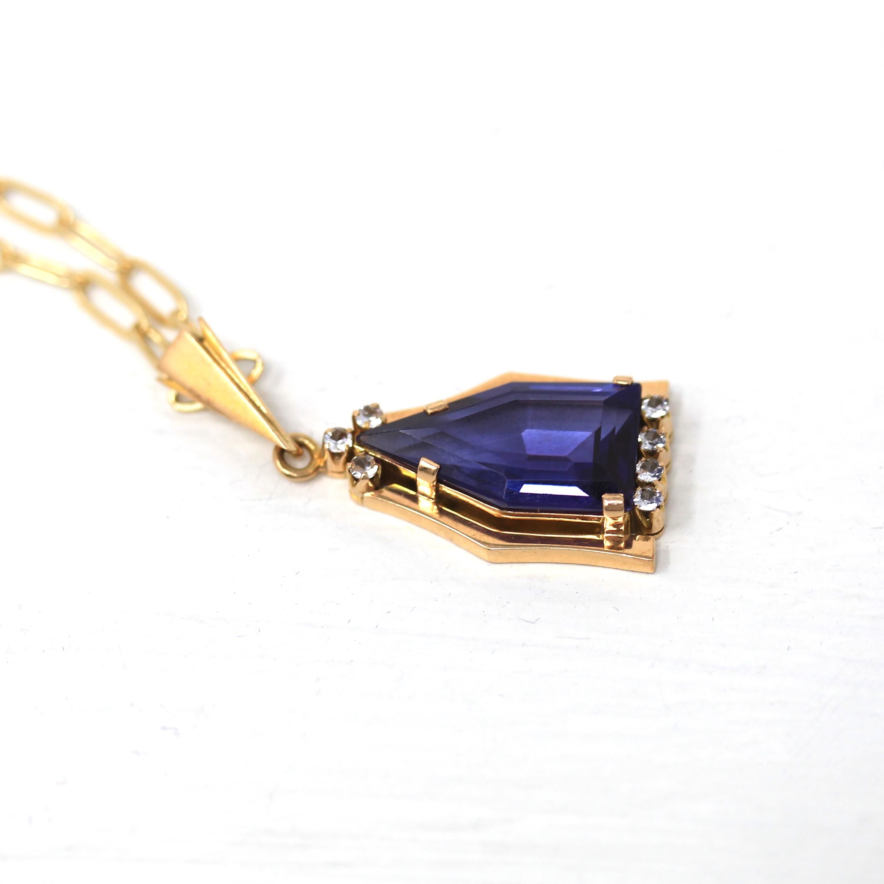 Created Color Change Sapphire Necklace - Retro 14k Yellow Gold Fancy Step Cut Purple Gem Pendant - Vintage Circa 1940s Fine Fashion Jewelry