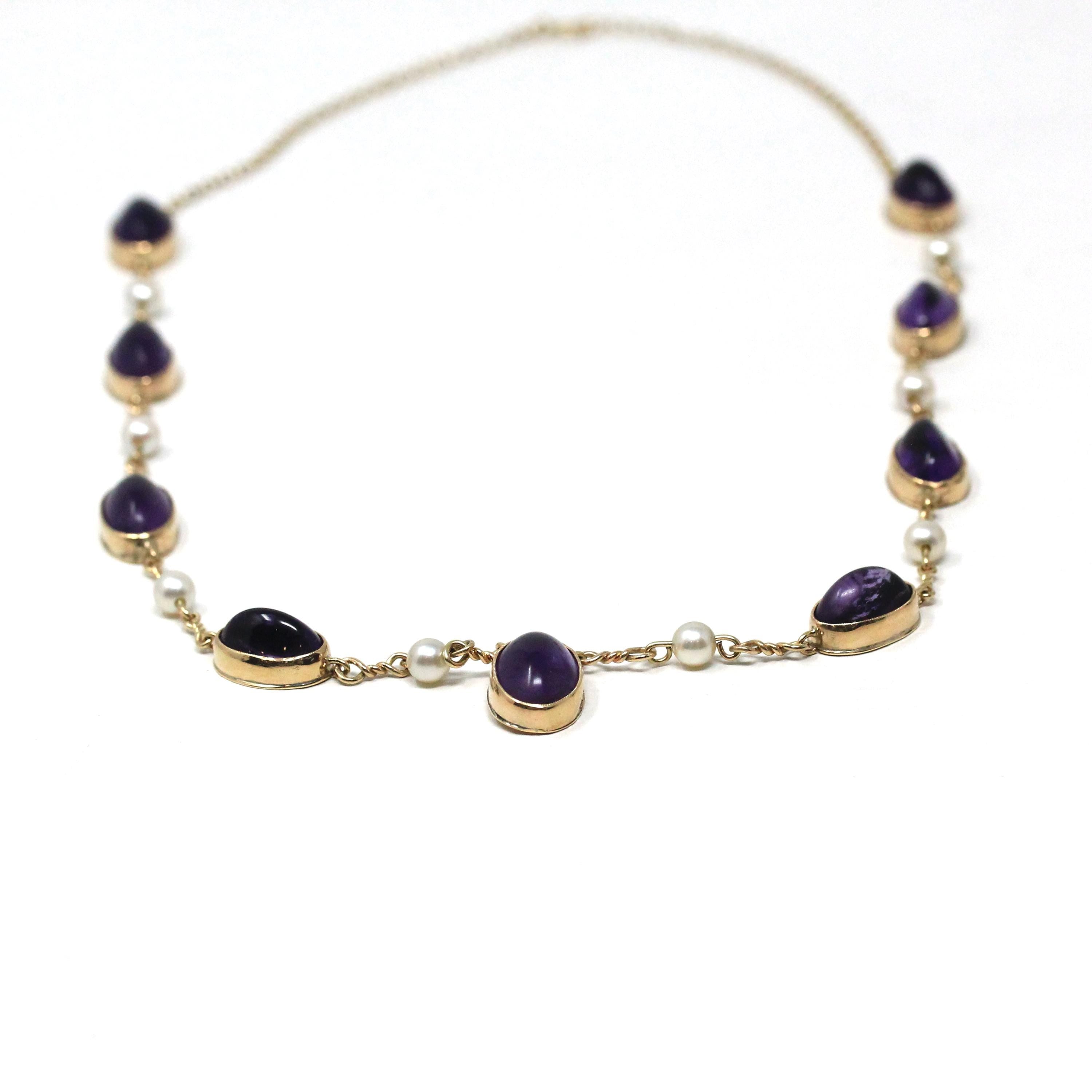 Antique Amethyst Necklace - Vintage 9k Yellow Gold Purple Gem Cultured Pearl Necklace - Edwardian 1910s February June Birthstones Jewelry