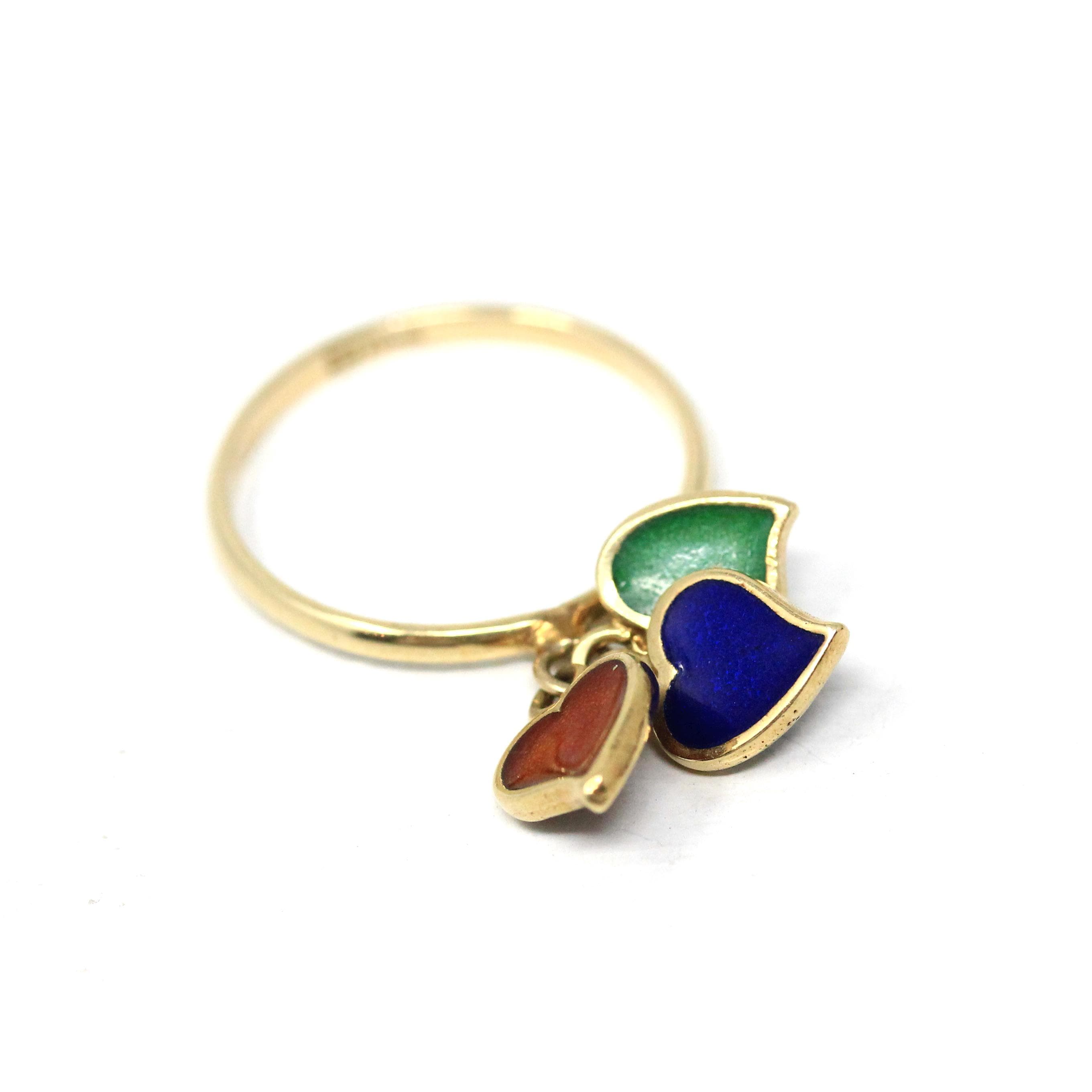 Guilloche Charm Ring - Modern Era 14k Yellow Gold Three Enamel Hearts Band - Circa 1980s Size 6 3/4 Green Blue Red Fine Fashion Jewelry