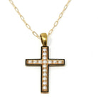 Antique Victorian Cross - Circa 1890s 14k Yellow Gold Seed Pearl & Black Enamel Pendant - Mourning Religious Christianity Cross Fine Jewelry