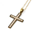 Antique Victorian Cross - Circa 1890s 14k Yellow Gold Seed Pearl & Black Enamel Pendant - Mourning Religious Christianity Cross Fine Jewelry