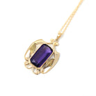 Simulated Amethyst Necklace - Edwardian 10k Yellow Gold Purple Glass Pendant - Art Nouveau Antique Circa 1910s Era Statement Fine Jewelry