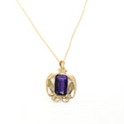 Simulated Amethyst Necklace - Edwardian 10k Yellow Gold Purple Glass Pendant - Art Nouveau Antique Circa 1910s Era Statement Fine Jewelry