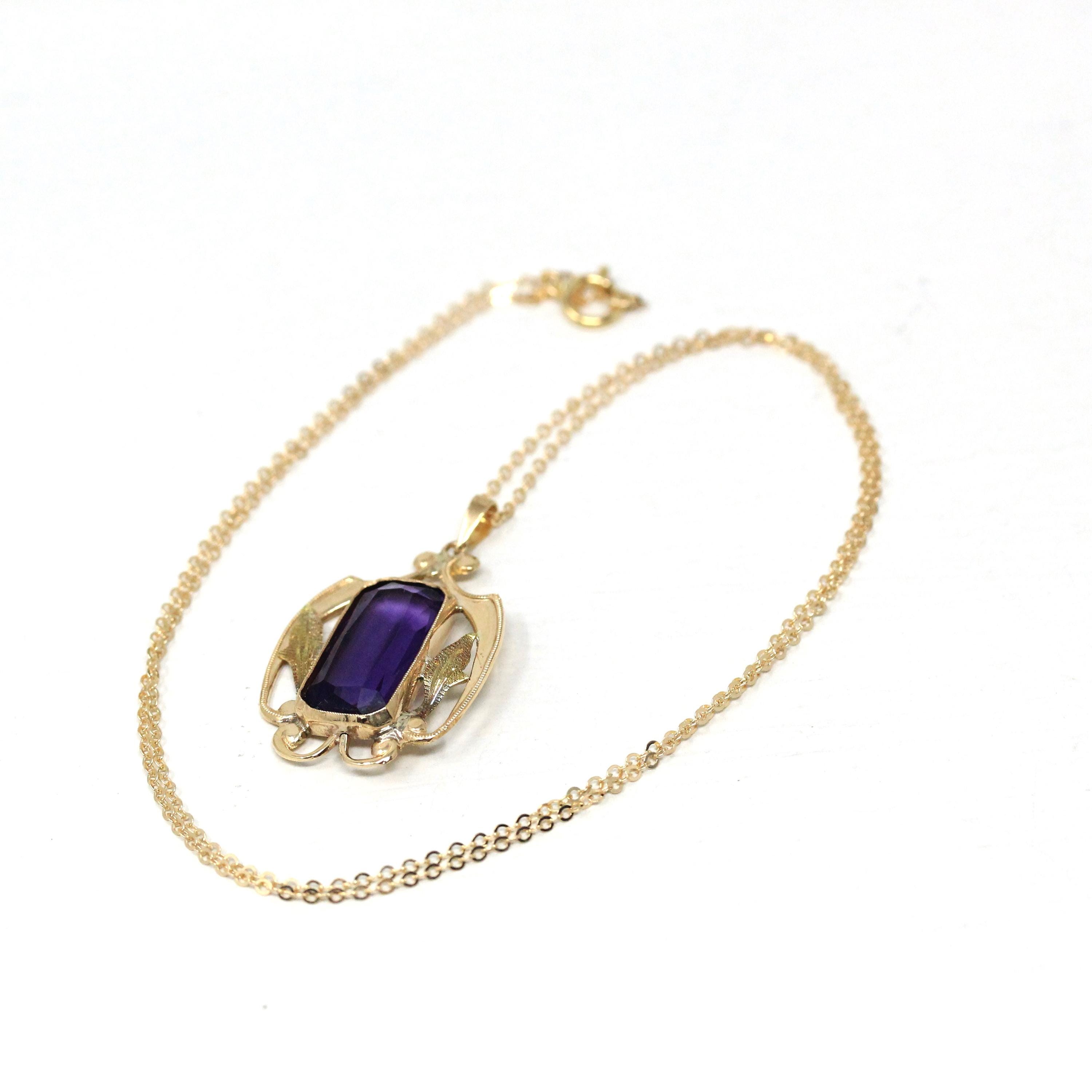 Simulated Amethyst Necklace - Edwardian 10k Yellow Gold Purple Glass Pendant - Art Nouveau Antique Circa 1910s Era Statement Fine Jewelry