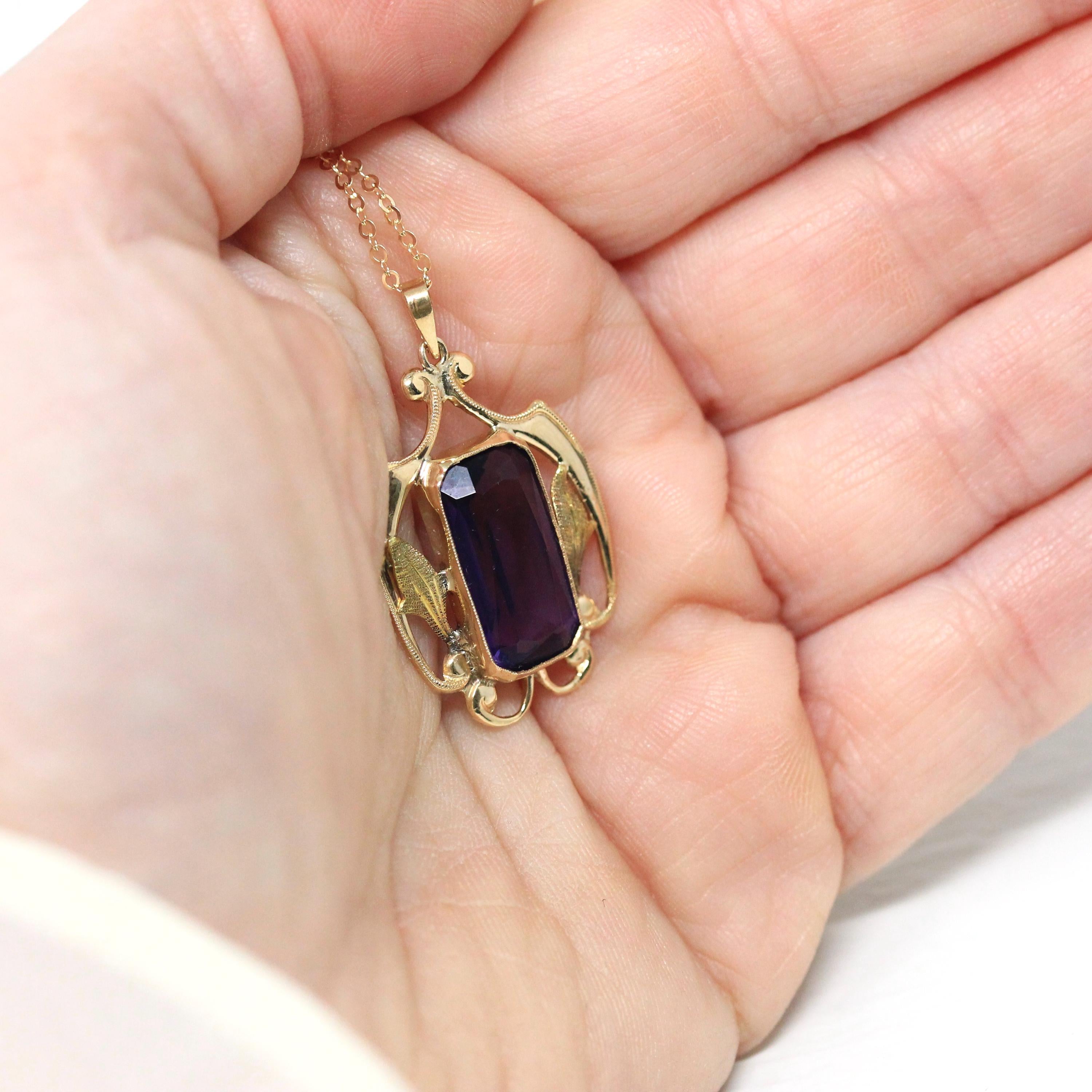Simulated Amethyst Necklace - Edwardian 10k Yellow Gold Purple Glass Pendant - Art Nouveau Antique Circa 1910s Era Statement Fine Jewelry