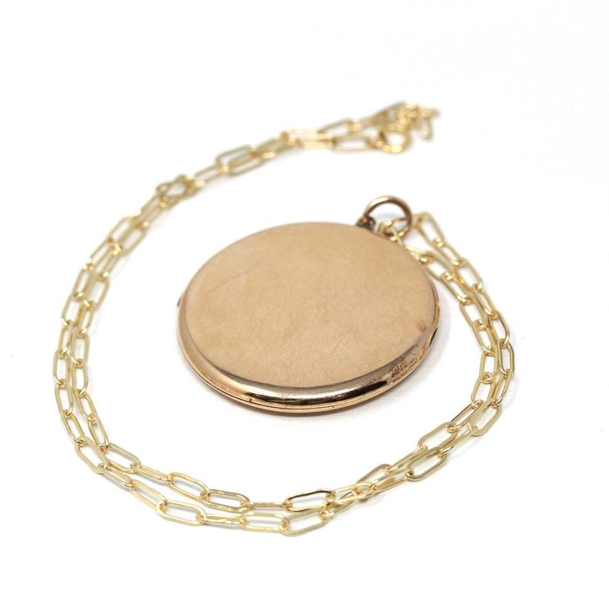 Vintage Photo Locket - Retro Era 9k Yellow Gold Round Keepsake Pendant Necklace - Circa 1940s Original Photographs Fine English Jewelry