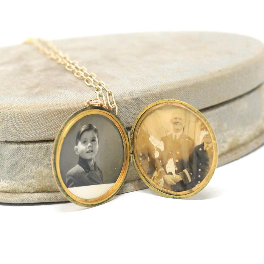Vintage Photo Locket - Retro Era 9k Yellow Gold Round Keepsake Pendant Necklace - Circa 1940s Original Photographs Fine English Jewelry