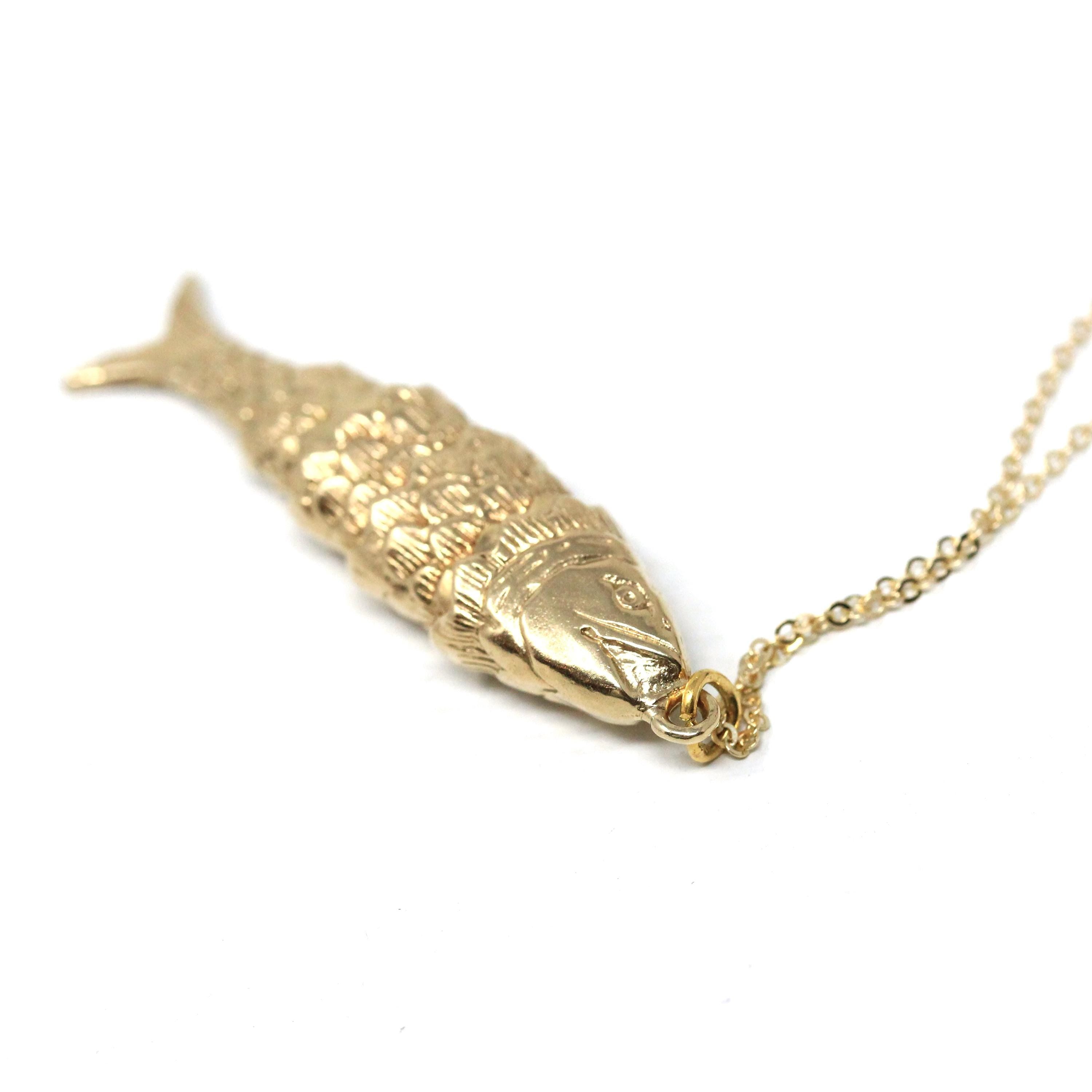 Articulated Fish Pendant - Retro 9k English Yellow Gold Figural Kinetic Charm Necklace - Vintage Circa 1970s Era Moving Animal Fine Jewelry