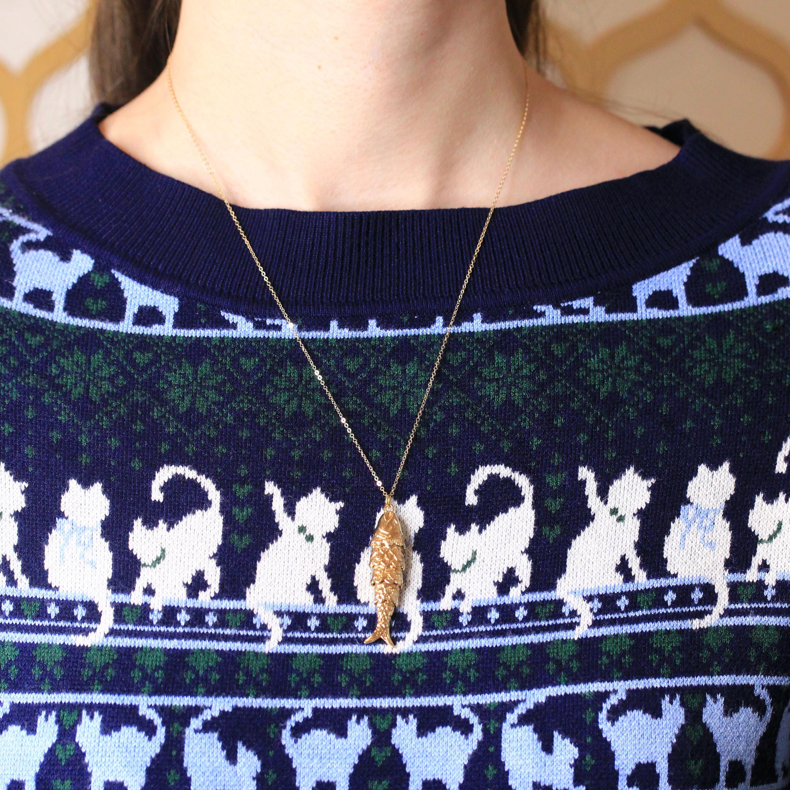 Articulated Fish Pendant - Retro 9k English Yellow Gold Figural Kinetic Charm Necklace - Vintage Circa 1970s Era Moving Animal Fine Jewelry