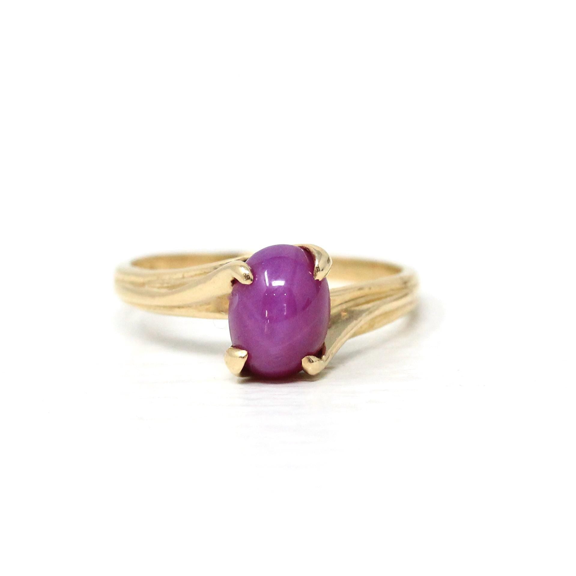 Created Star Ruby Ring - Retro 14k Yellow Gold Cabochon Cut Pink Gemstone - Vintage Circa 1960s Era Size 6 1/4 Bypass Fine Statement Jewelry