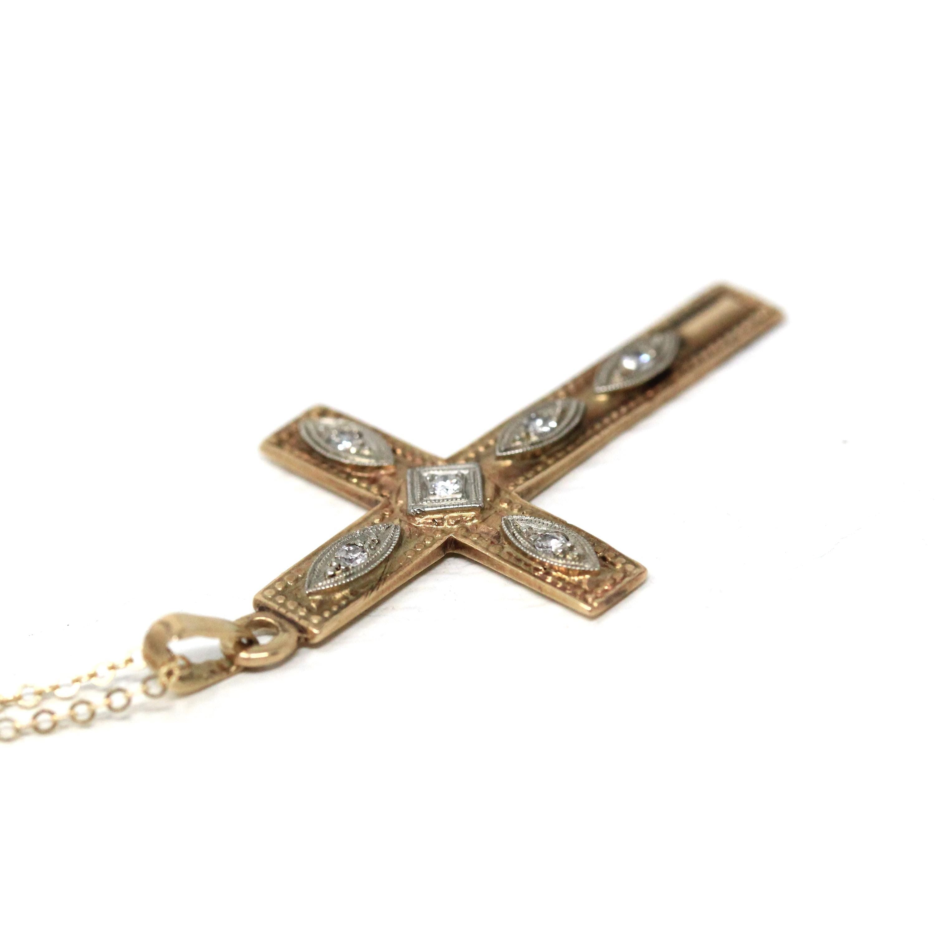 Vintage Cross Necklace - Retro 10k Yellow & White Gold Genuine .07 CTW Diamond Gem Pendant - Circa 1940s Era Religious Faith Fine Jewelry