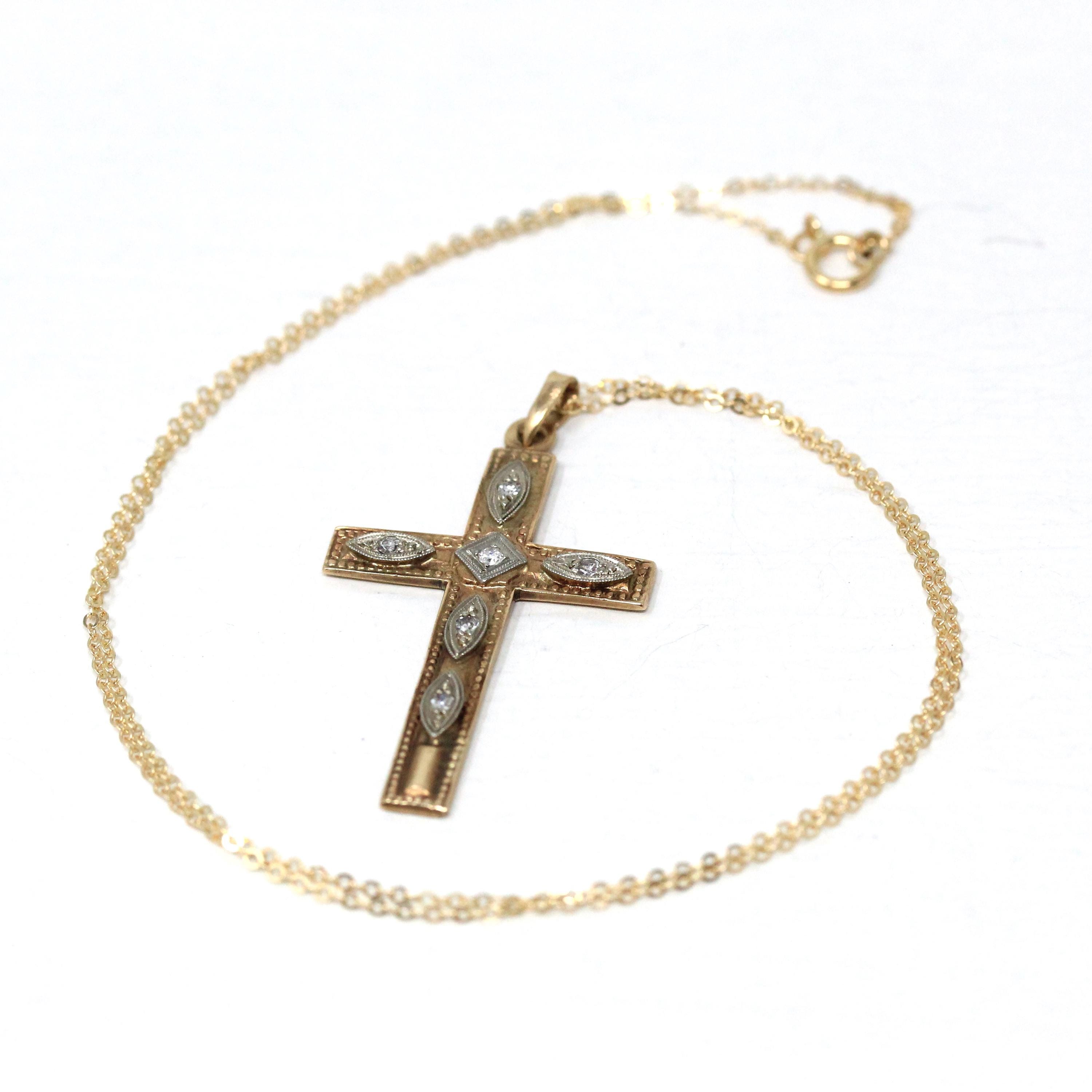Vintage Cross Necklace - Retro 10k Yellow & White Gold Genuine .07 CTW Diamond Gem Pendant - Circa 1940s Era Religious Faith Fine Jewelry