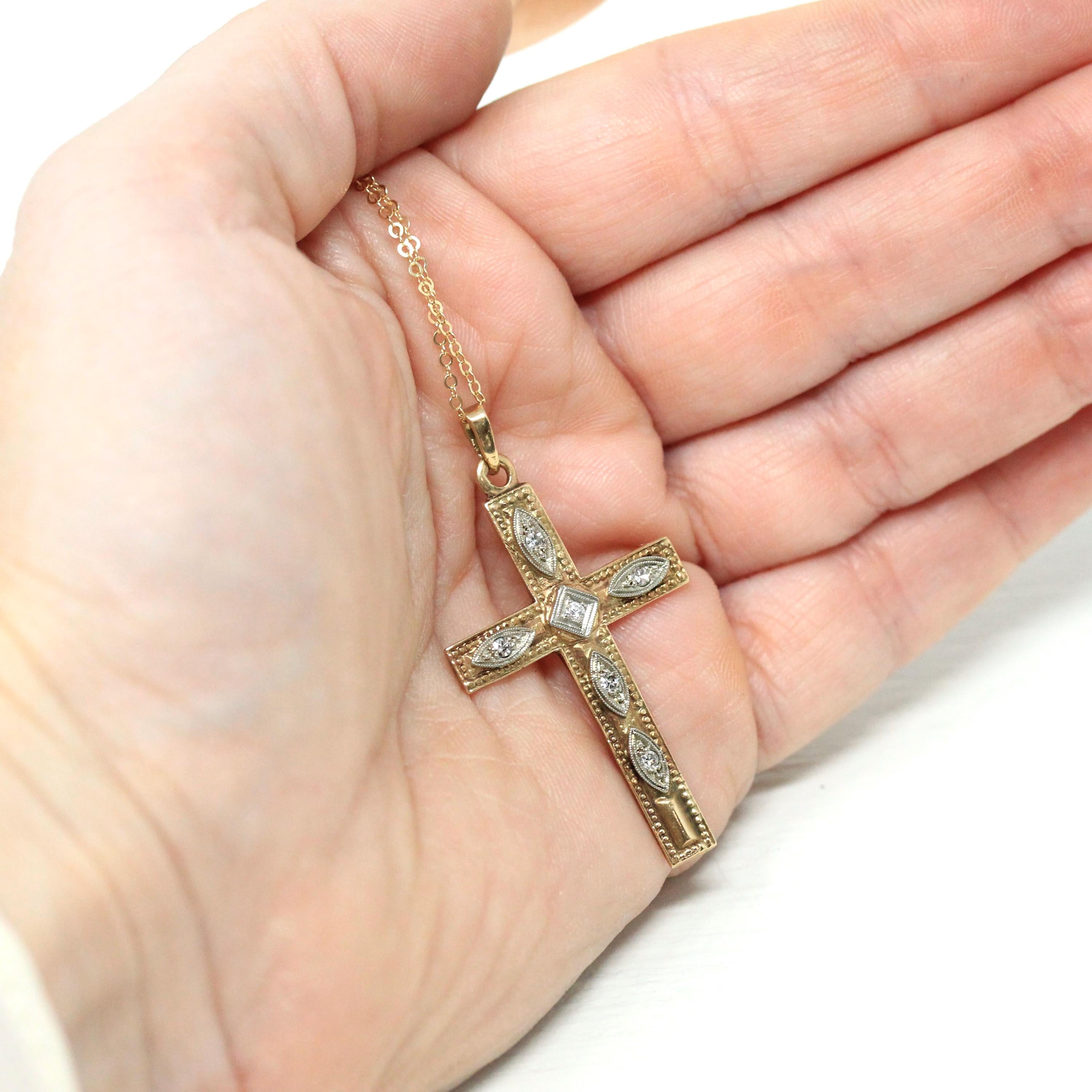 Vintage Cross Necklace - Retro 10k Yellow & White Gold Genuine .07 CTW Diamond Gem Pendant - Circa 1940s Era Religious Faith Fine Jewelry