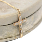 Vintage Cross Necklace - Retro 10k Yellow & White Gold Genuine .07 CTW Diamond Gem Pendant - Circa 1940s Era Religious Faith Fine Jewelry
