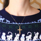 Vintage Cross Necklace - Retro 10k Yellow & White Gold Genuine .07 CTW Diamond Gem Pendant - Circa 1940s Era Religious Faith Fine Jewelry