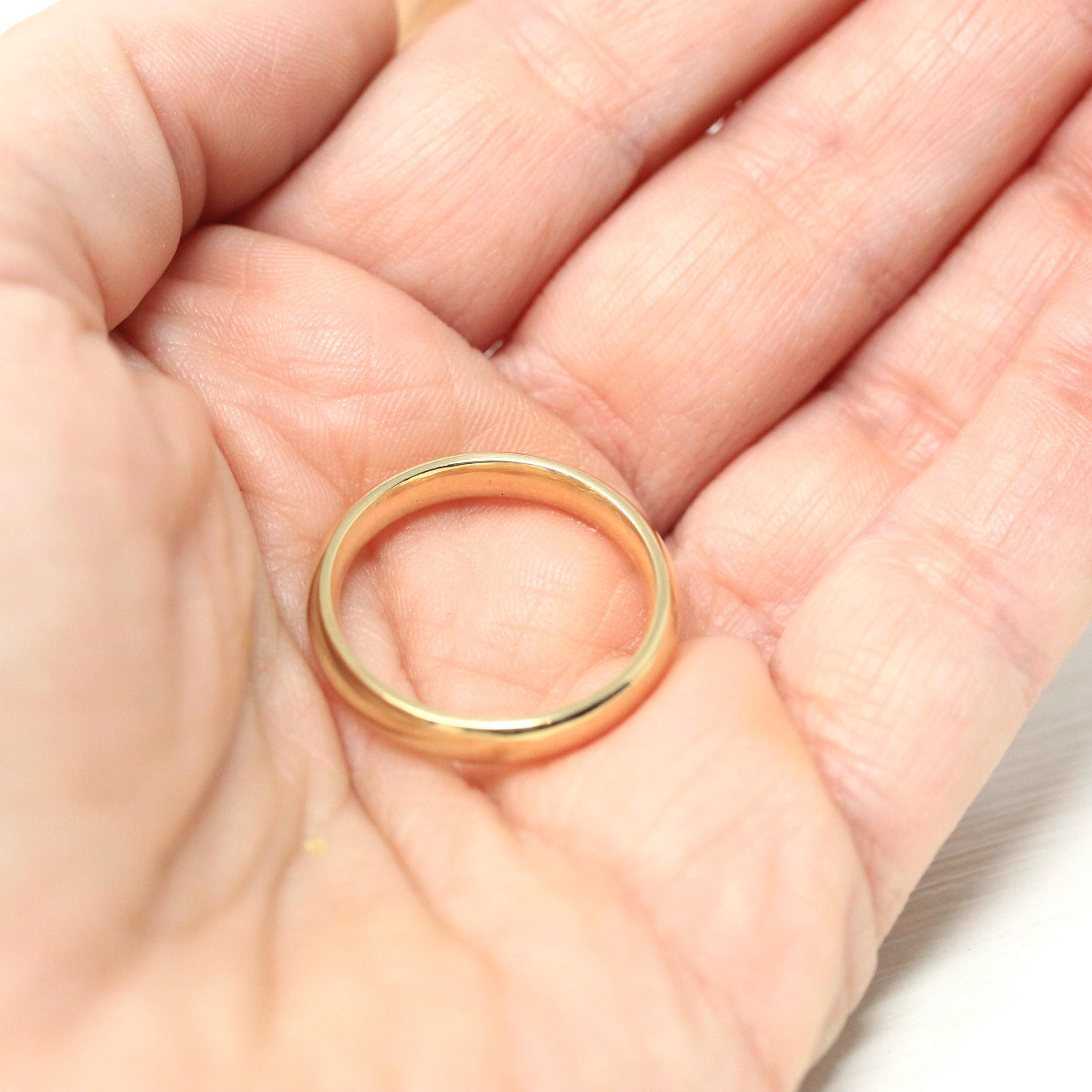 Vintage Wedding Band - Modern Estate Era 14k Yellow Gold Plain Circa 1988 Ring - Size 9 Signed Art Carved J.R. Wood Bridal Fine 80s Jewelry