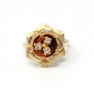 Diamond Flower Ring - Retro 14k Yellow Gold Rose Floral Natural Gemstone - Vintage Circa 1970s Era Size 2 3/4 April Birthstone Fine Jewelry