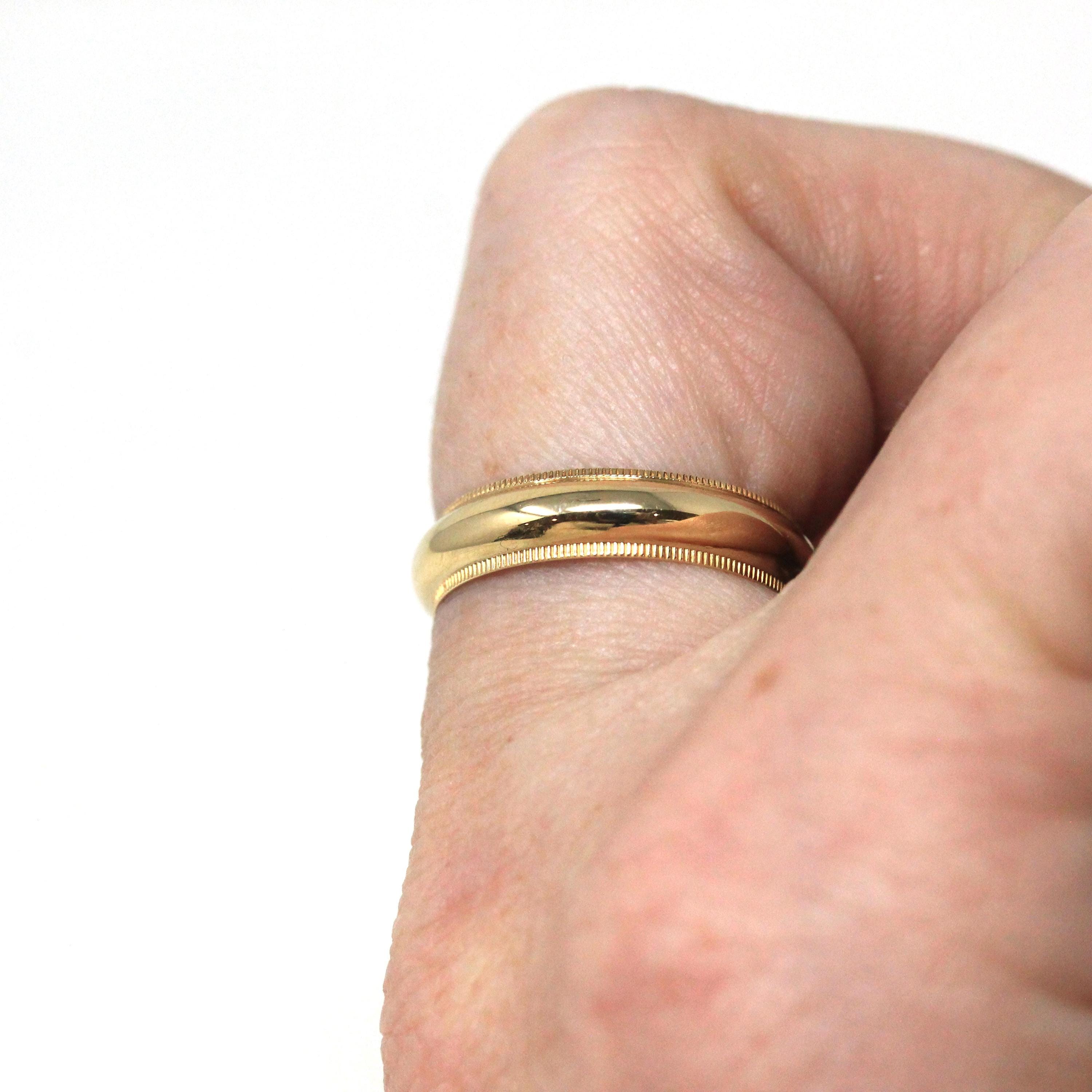 Milgrain Wedding Band - Modern 14k Yellow Gold Unadorned Plain 4.35 MM Ring - Circa 1940s Era Size 6.25 Unisex Stacking Fine 40s Era Jewelry