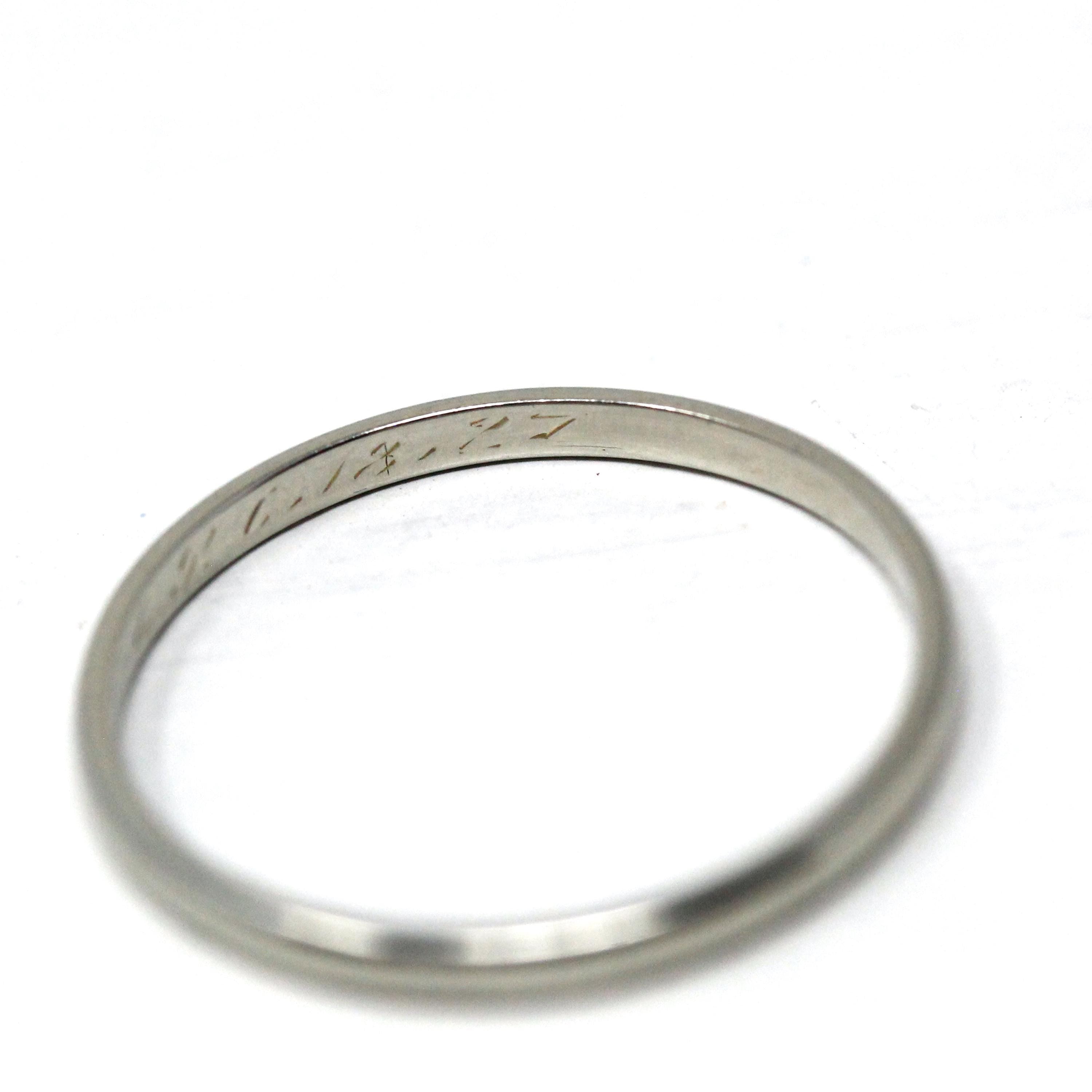 Dated 1927 Band - Art Deco 19k White Gold Hand Engraved Inscribed Wedding Ring - Antique Size 7 Circa 1920s Stacking Unisex Fine 20s Jewelry