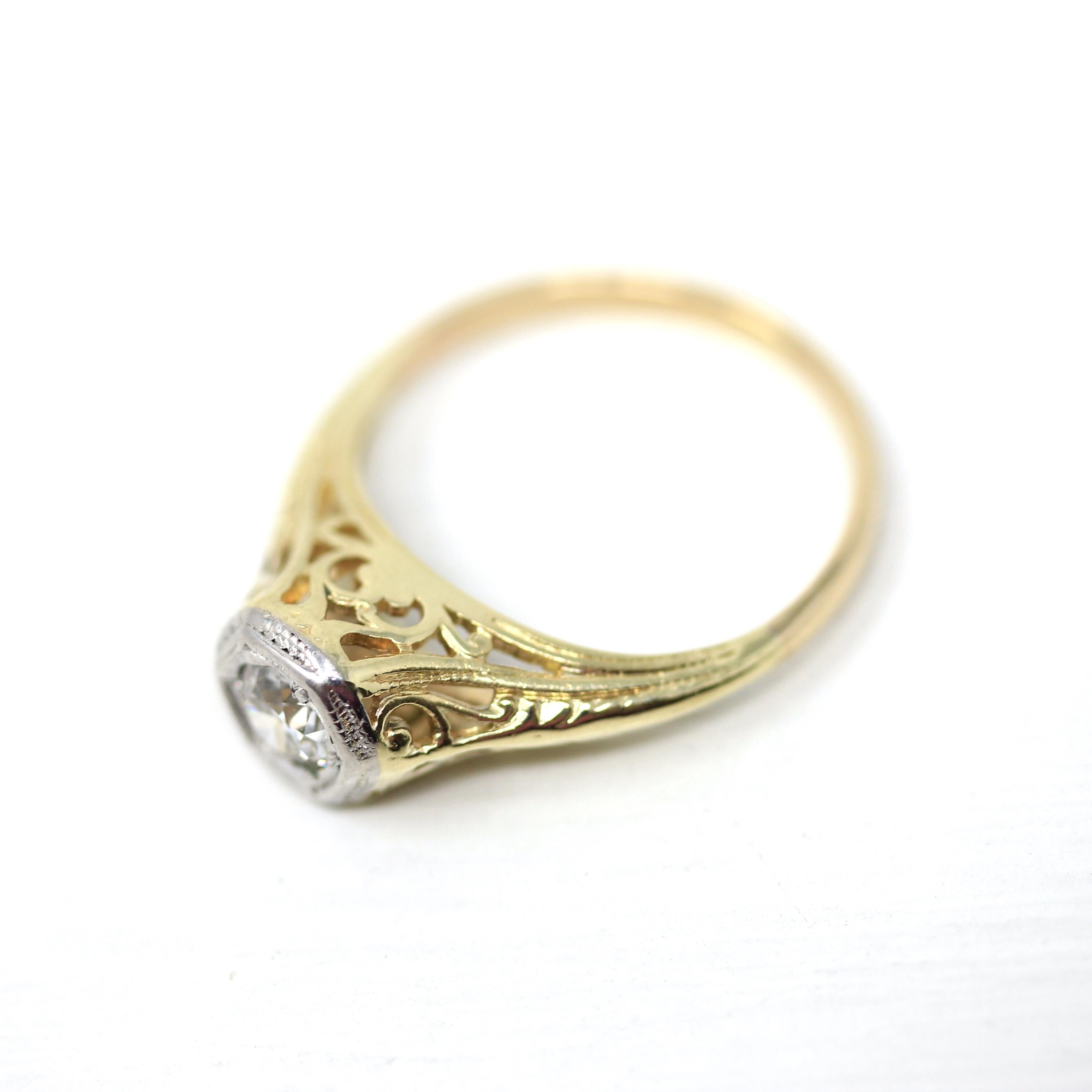 Art Deco Diamond Ring - Vintage 18k & Platinum Two Tone Natural Old European Cut Gem - Circa 1930s Size 6 Engagement Fine Filigree Jewelry