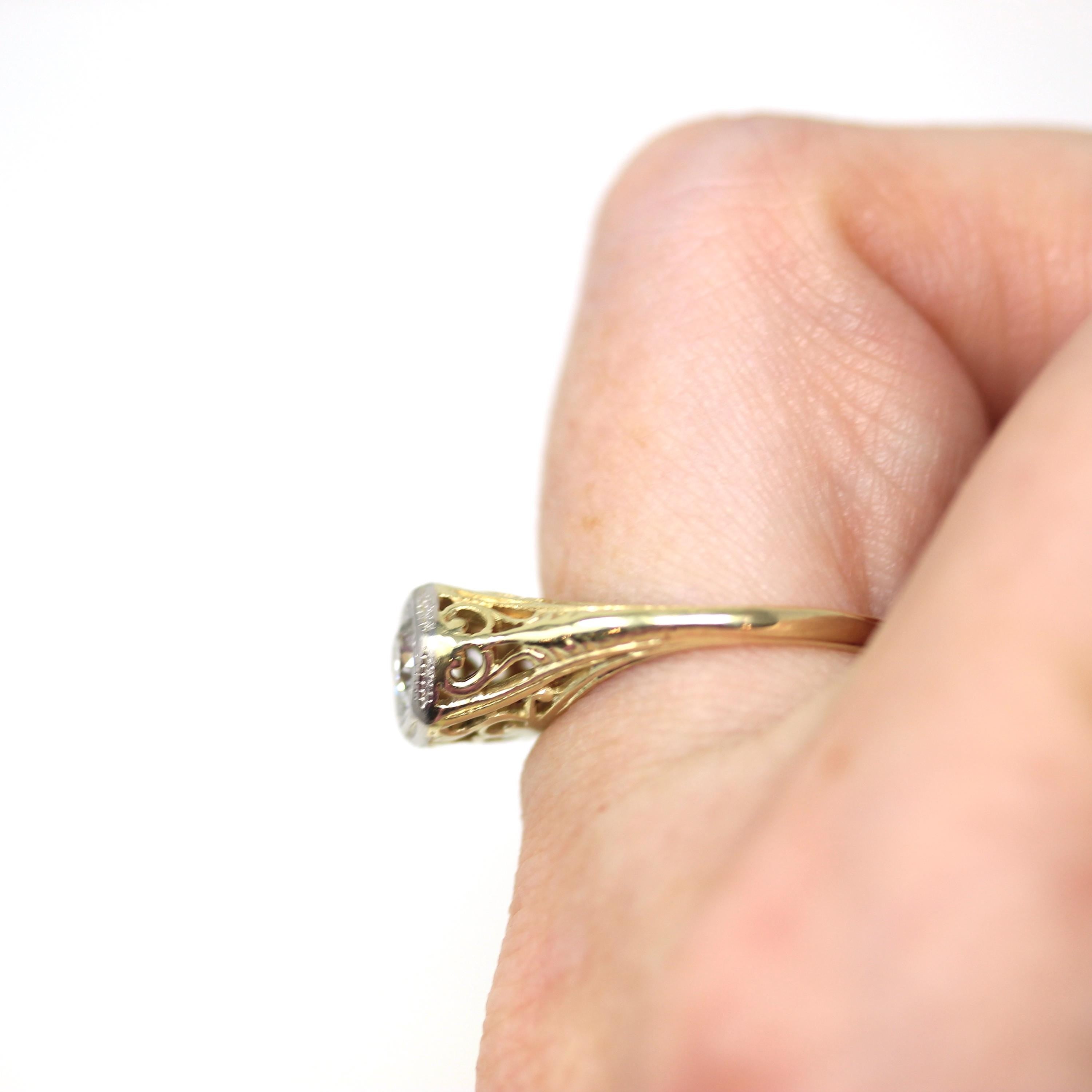 Art Deco Diamond Ring - Vintage 18k & Platinum Two Tone Natural Old European Cut Gem - Circa 1930s Size 6 Engagement Fine Filigree Jewelry