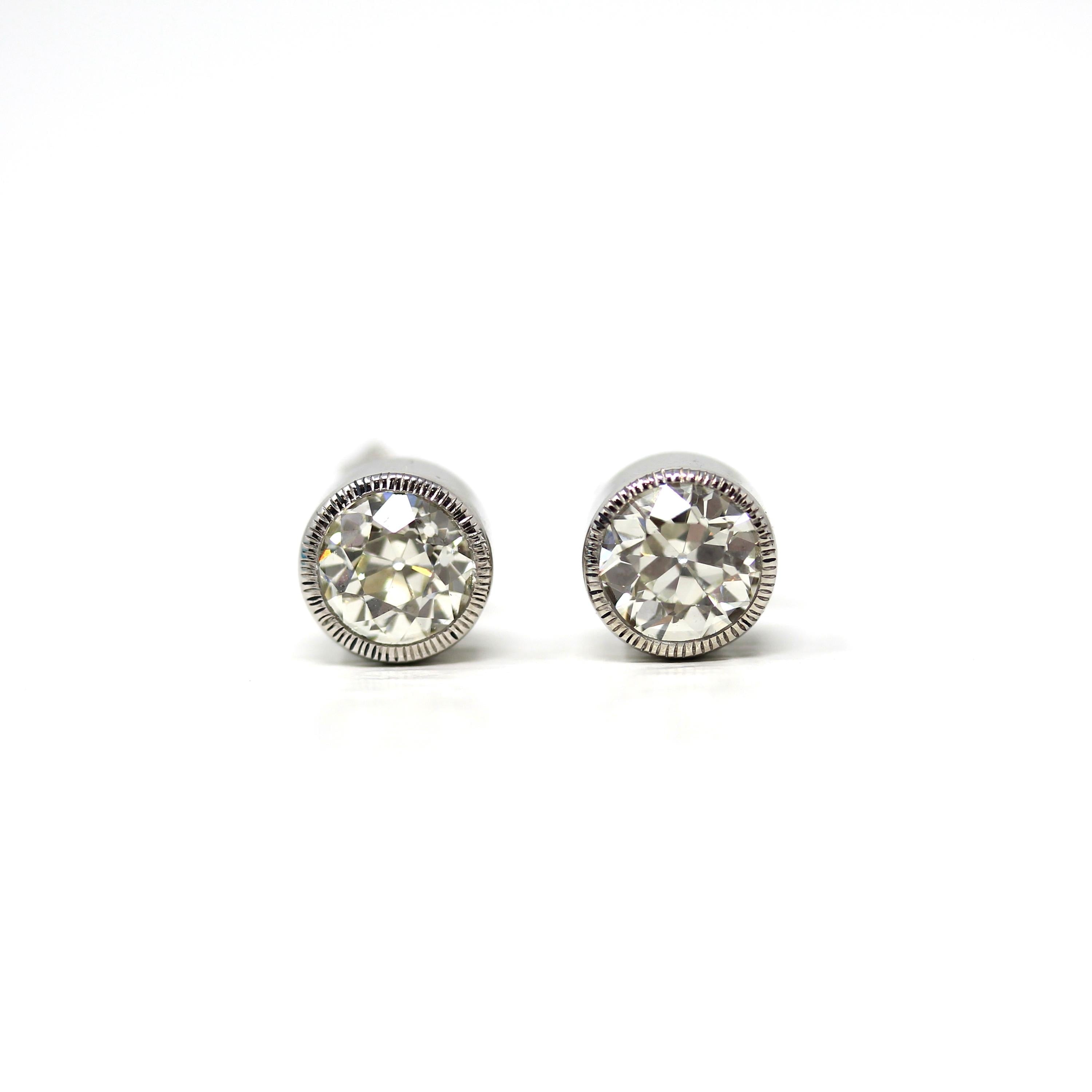 Antique Diamond Earrings - Custom 14k White Gold 2.03 CTW M Color VS2 Clarity Natural Old European Cuts - Bezel Stud Fine Diamond Jewelry