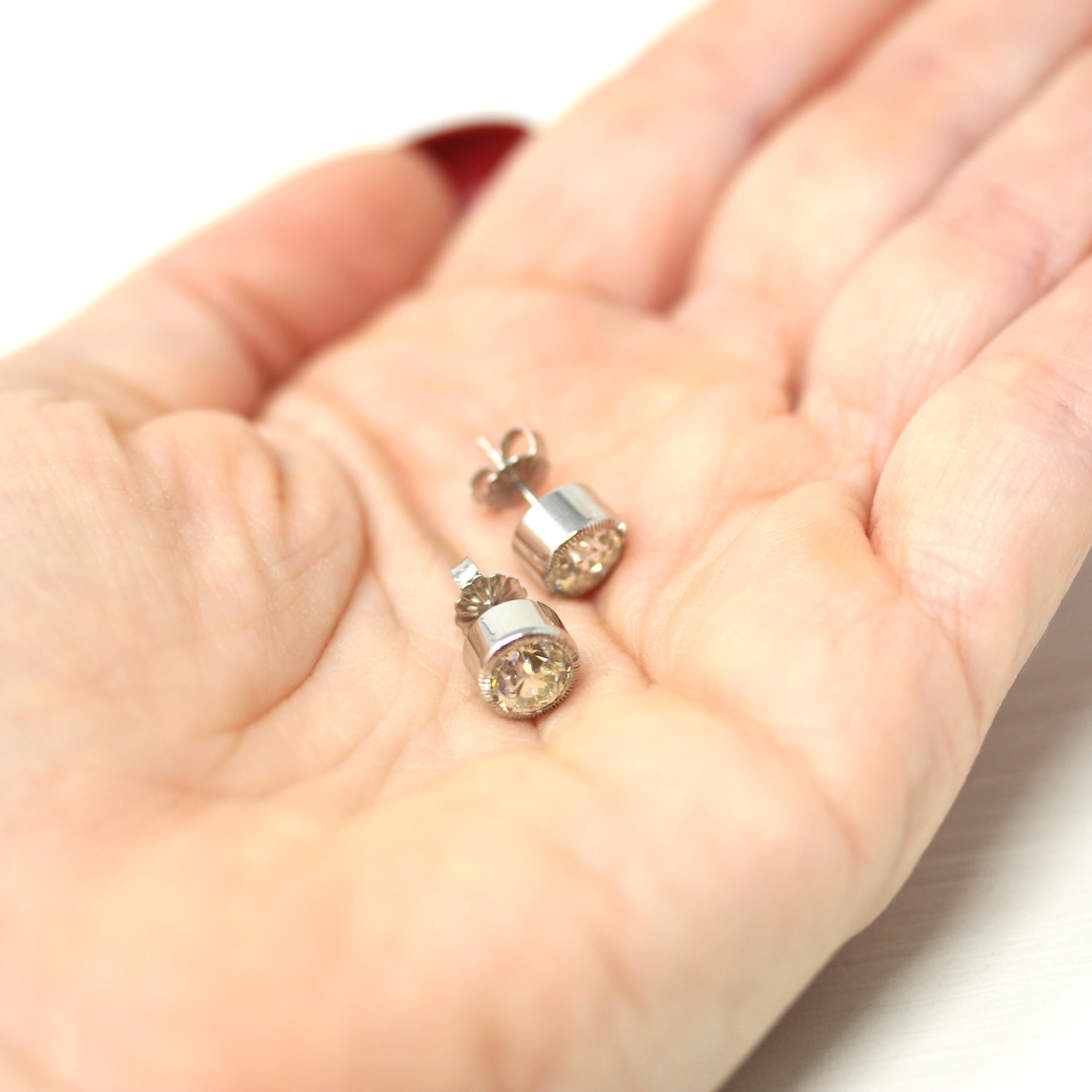 Antique Diamond Earrings - Custom 14k White Gold 2.03 CTW M Color VS2 Clarity Natural Old European Cuts - Bezel Stud Fine Diamond Jewelry